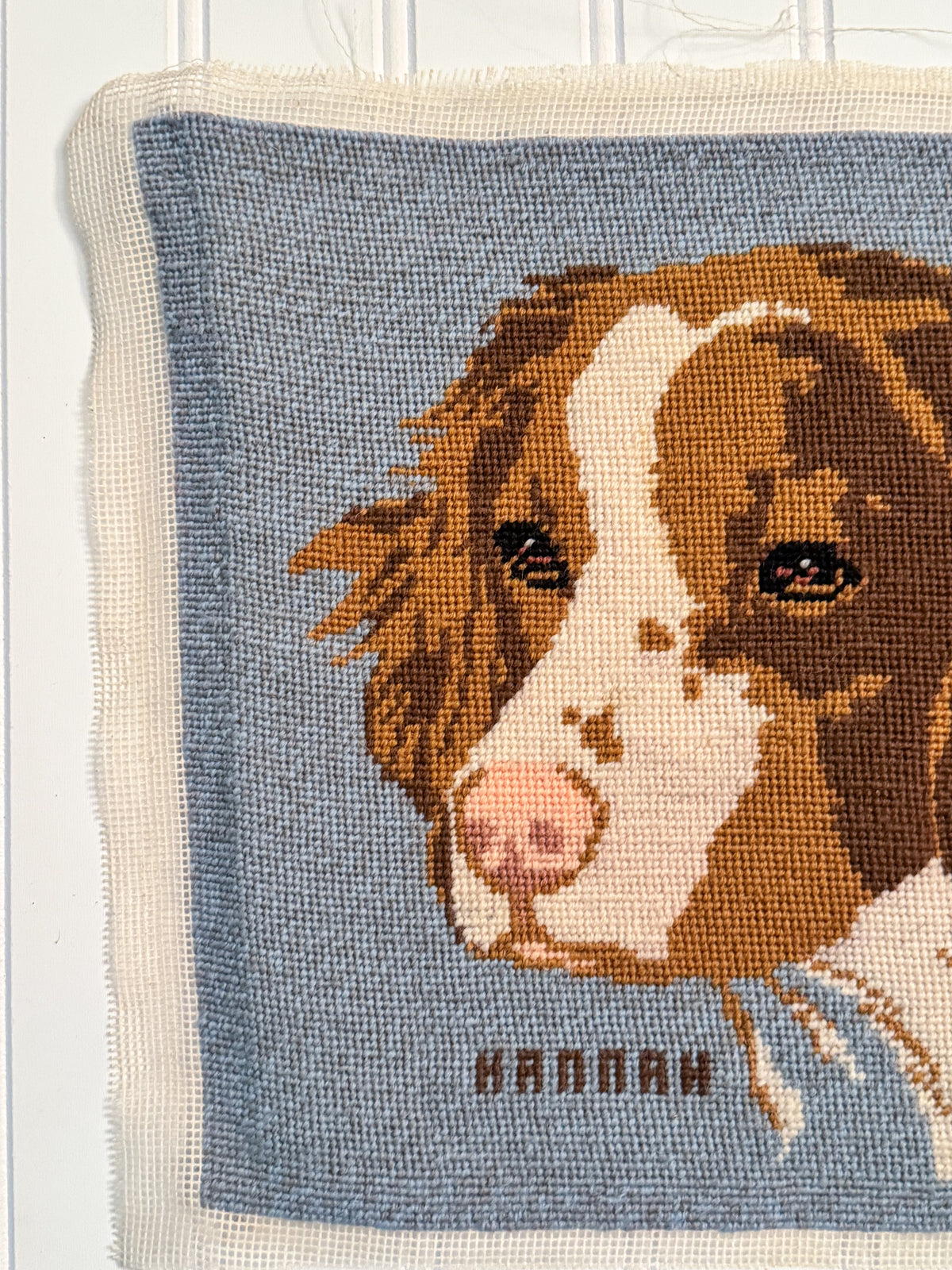 Vintage “Hannah” Dog Needlepoint | Signed Unframed Spaniel Needlework