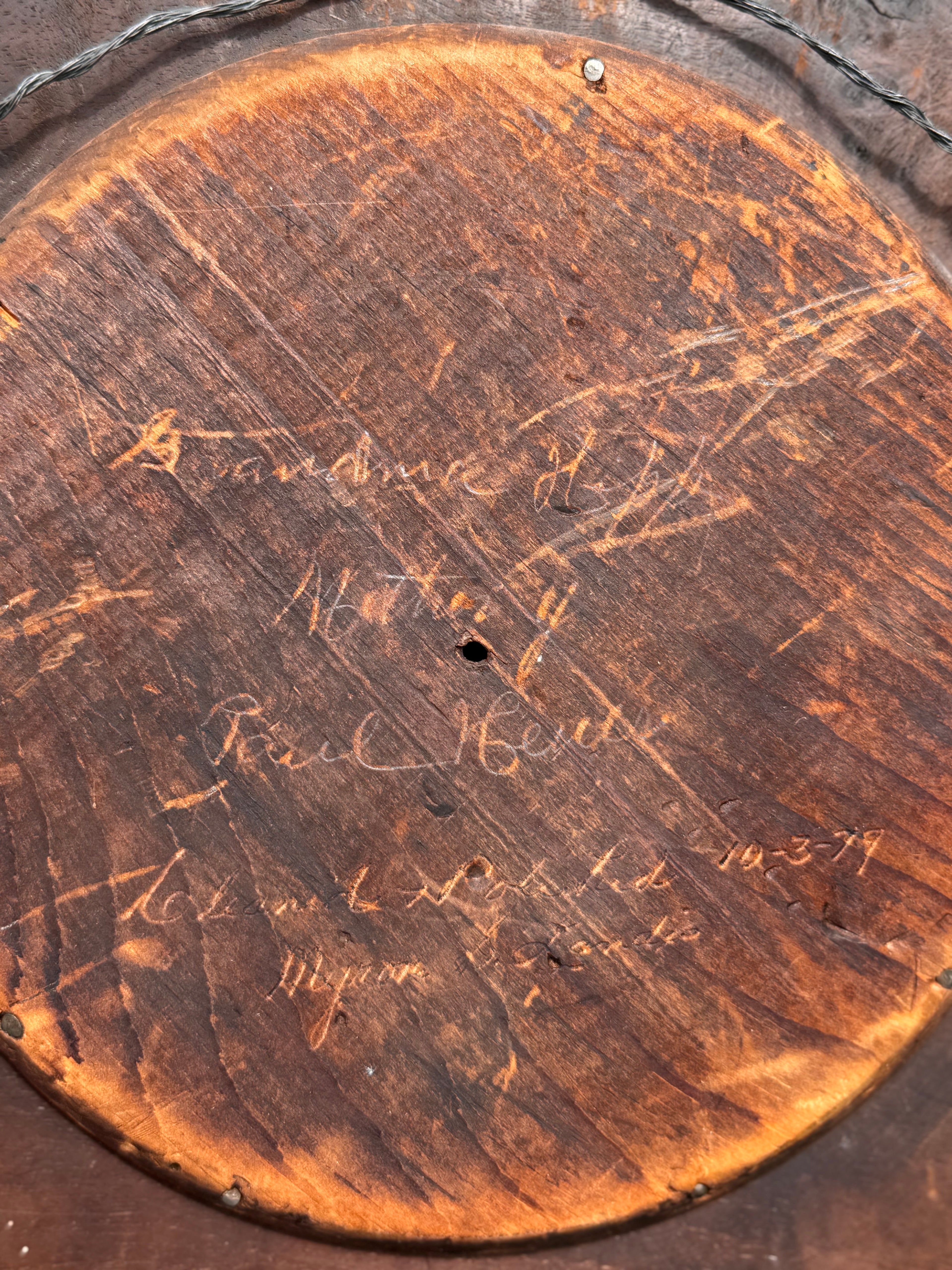 Antique Victorian Solid Walnut Round Portrait Frame with Inscribed Back & Photograph