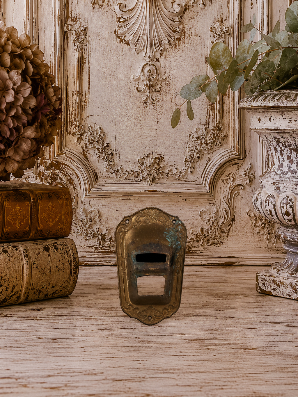 Antique French Brass Architectural Escutcheon Pocket | Ornate Salvaged Hardware Fragment, 4”