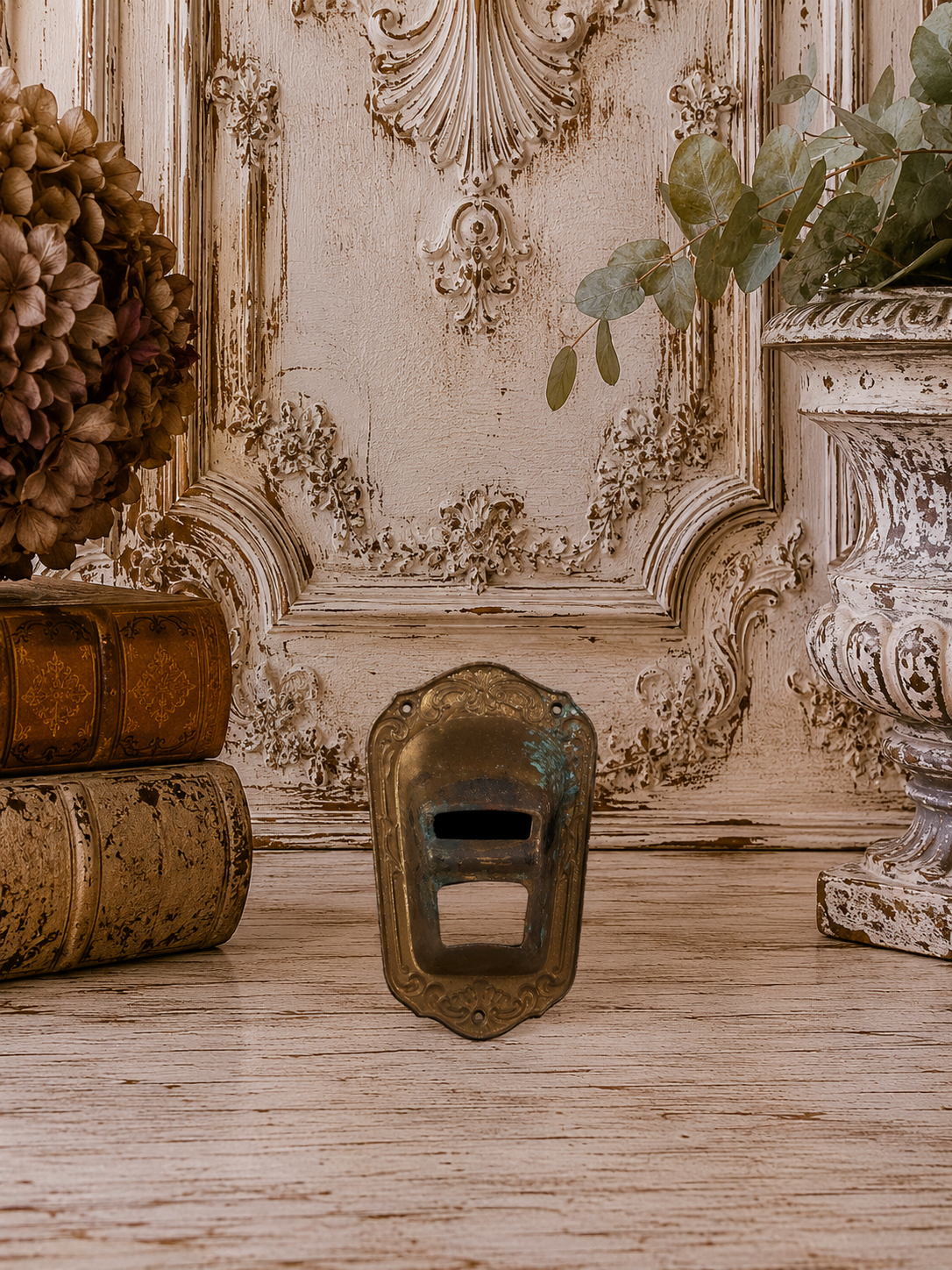 Antique French Brass Architectural Escutcheon Pocket | Ornate Salvaged Hardware Fragment, 4”