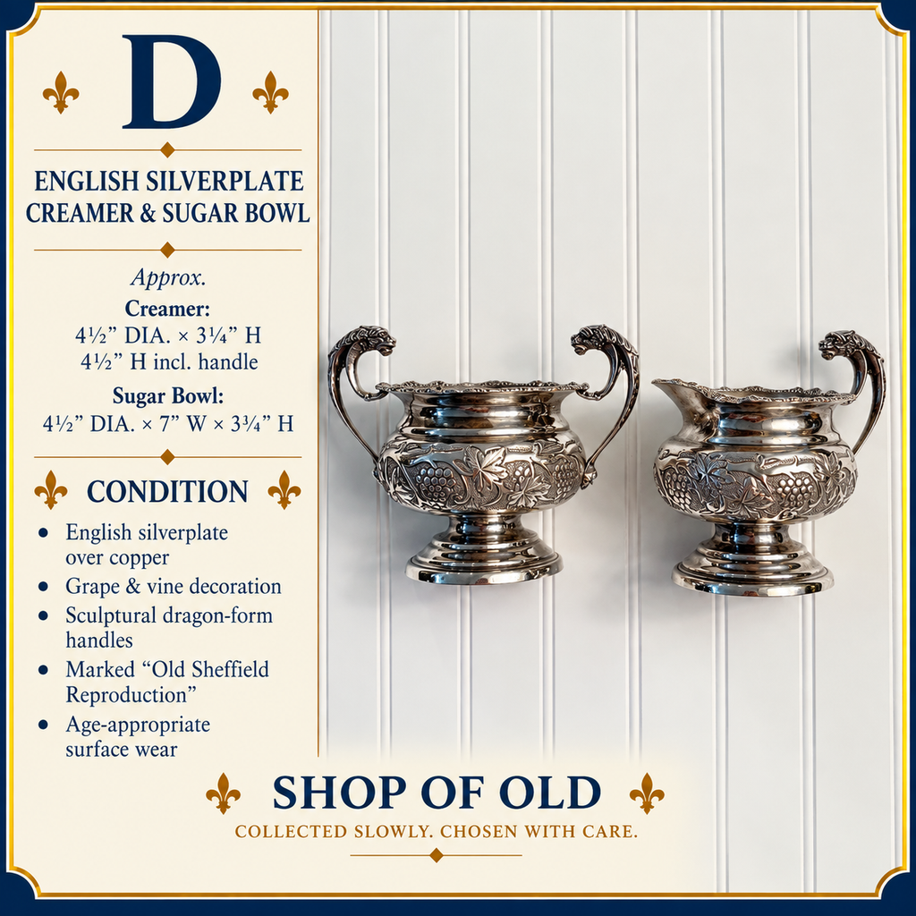 English Old Sheffield Reproduction Silverplate Creamer & Sugar Bowl with Dragon Handles
