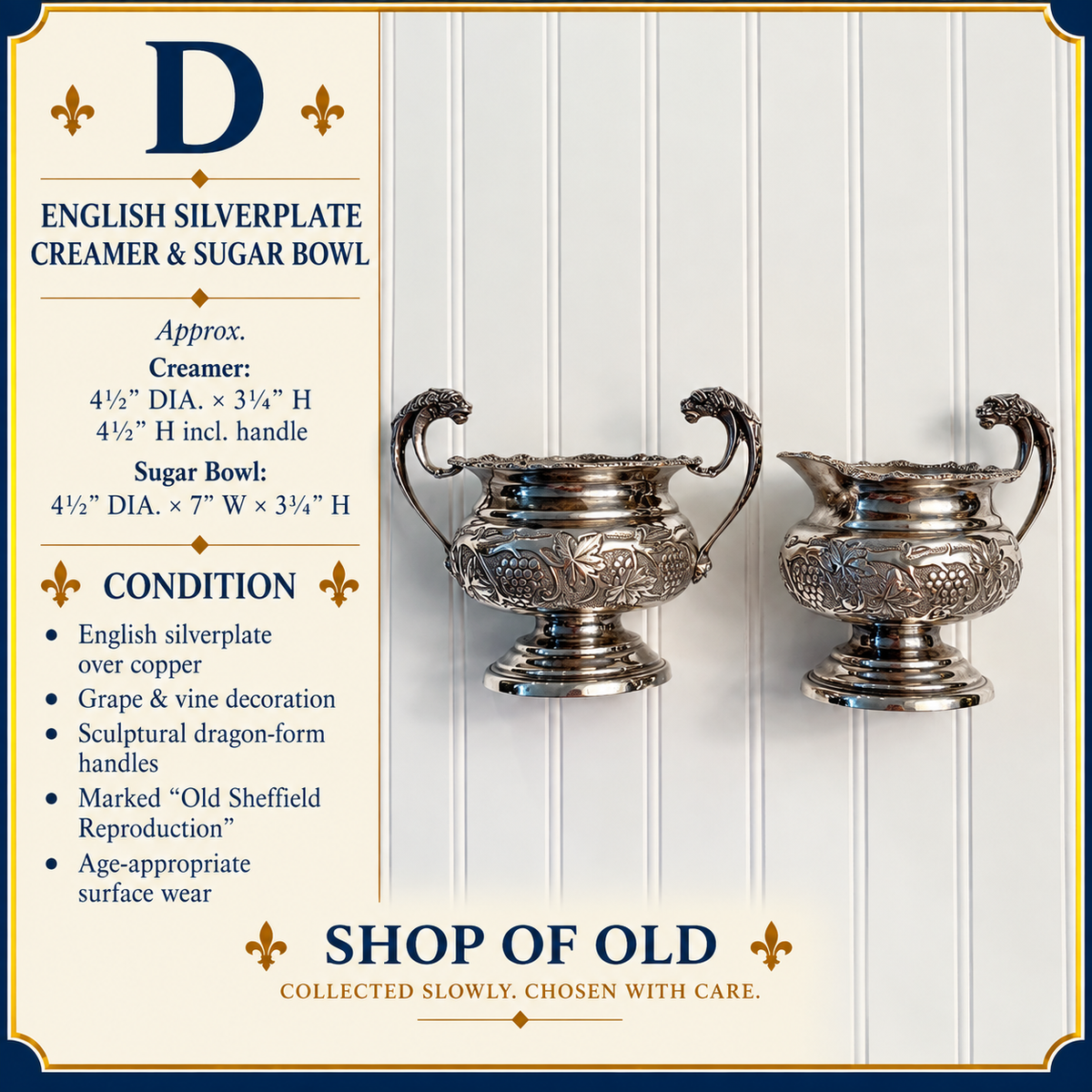 English Old Sheffield Reproduction Silverplate Creamer & Sugar Bowl with Dragon Handles