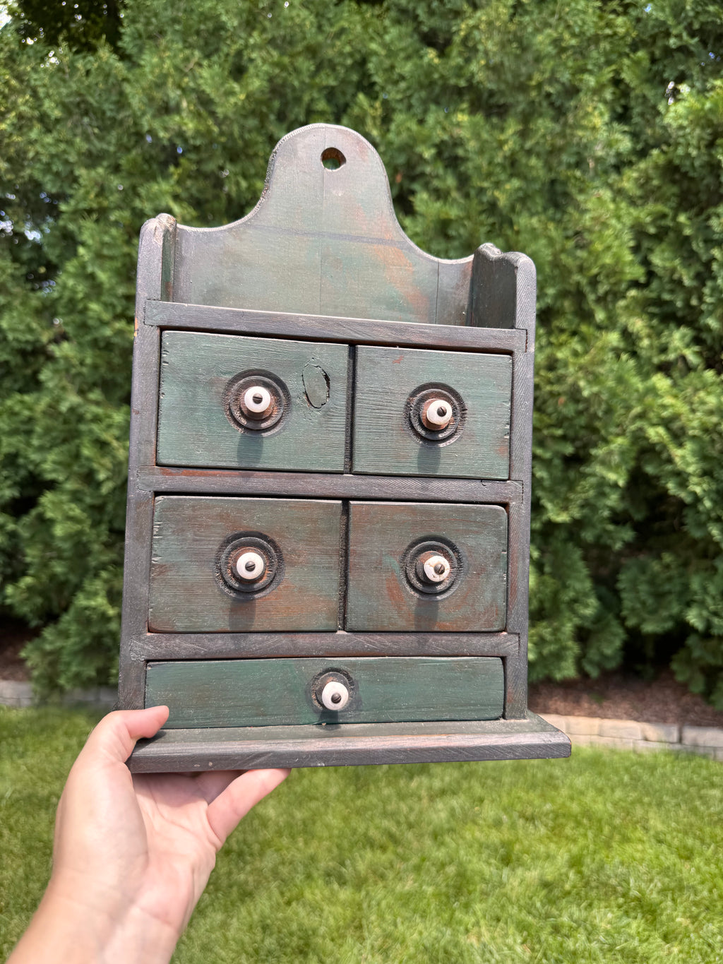 Vintage Primitive Green Wood 3-Drawer Wall Apothecary Chest with Original Porcelain Knobs
