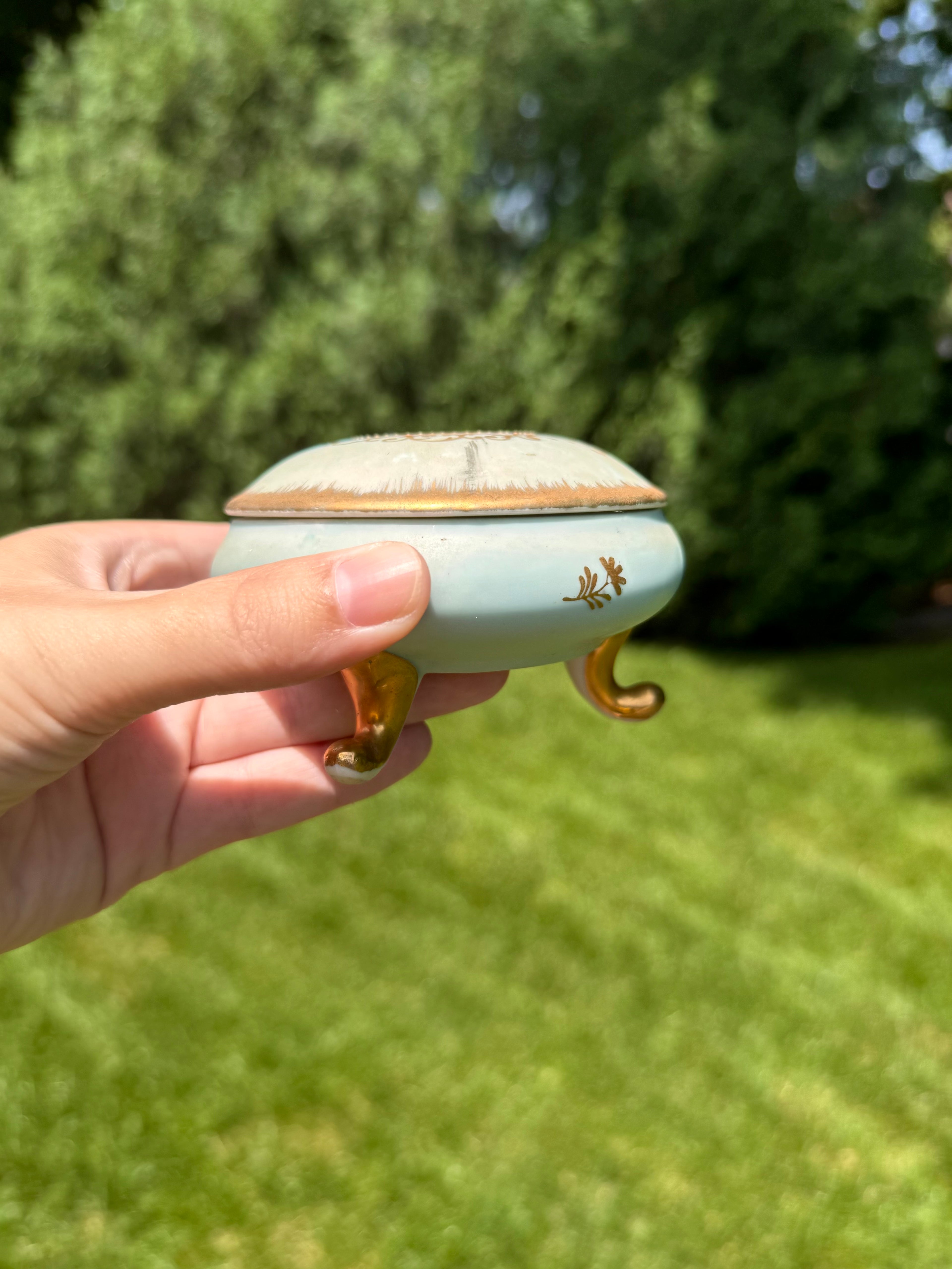 Vintage Lefton Footed Porcelain Trinket Box | Victorian Courting Couple | Made in Japan