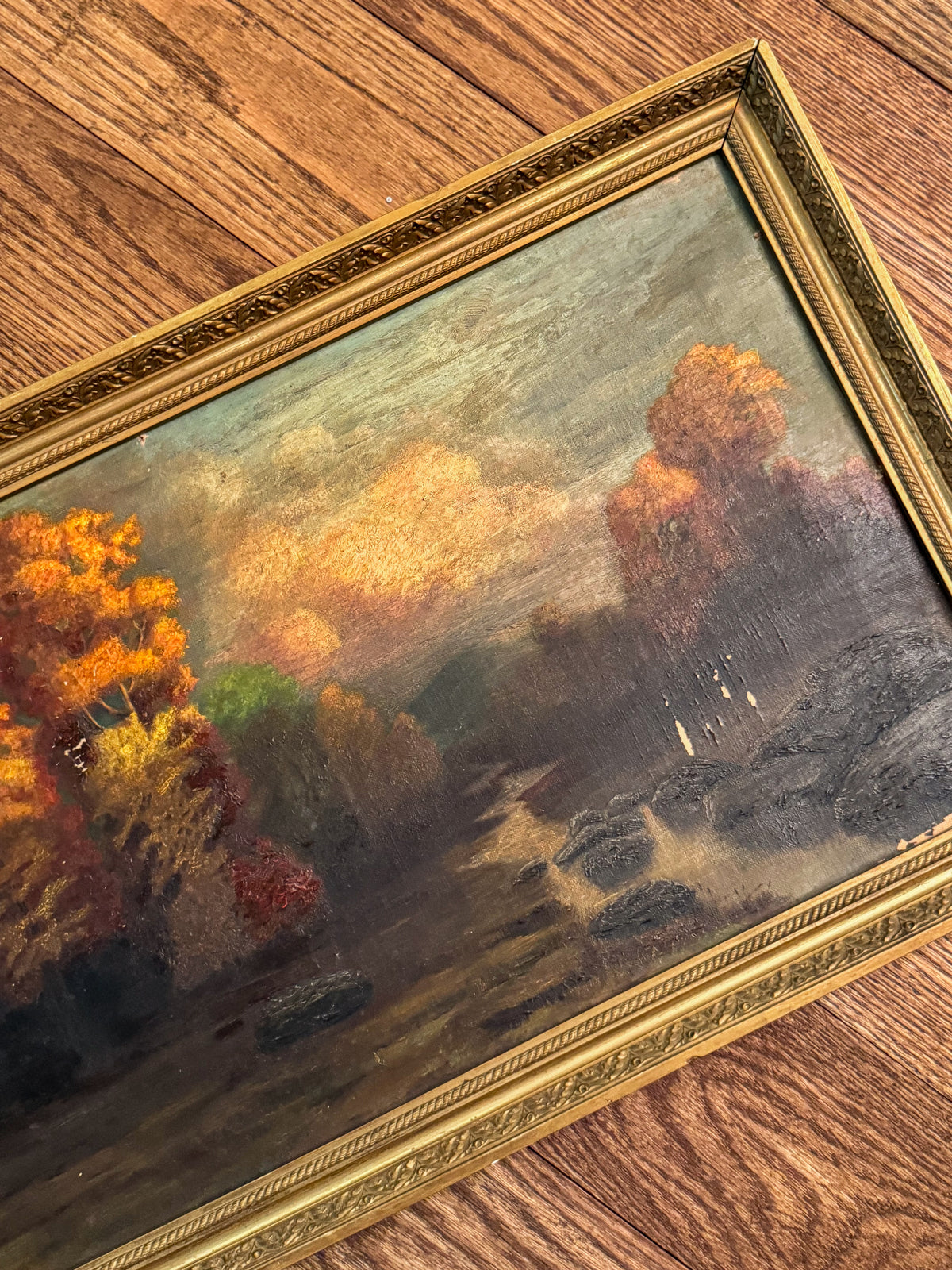 Signed Antique Tonalist Autumn River Landscape Oil Painting by R. Watkins | Original Gilt Frame