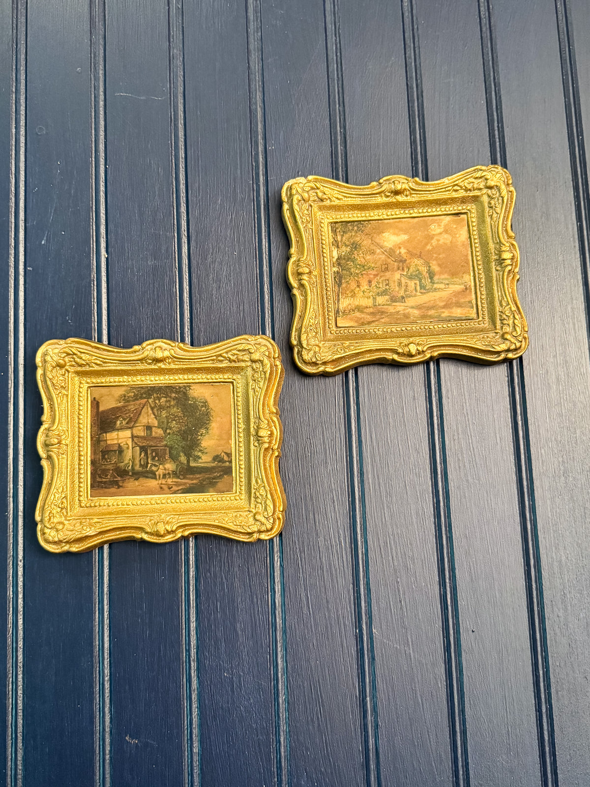 Vintage Gilt Chalkware Framed Pastoral Prints | Mid-Century