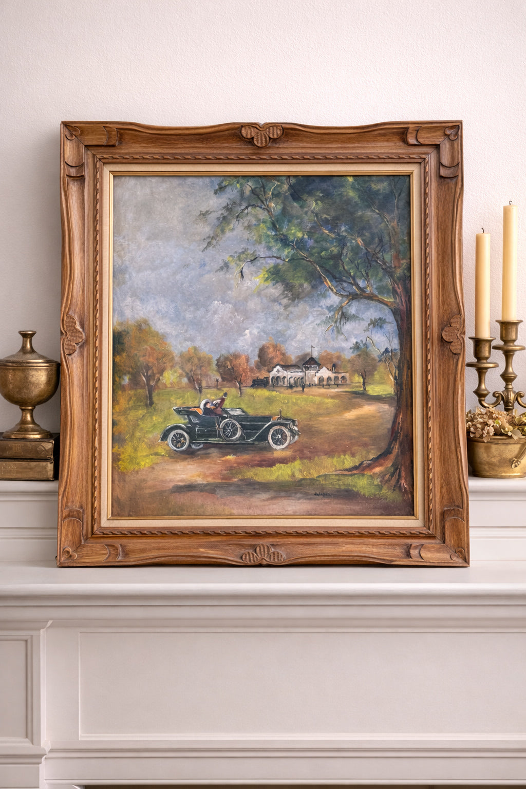 Vintage Signed Landscape Oil Painting with Automobile, Carved Wood Frame