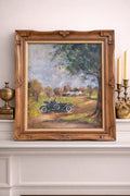 Vintage Signed Landscape Oil Painting with Automobile, Carved Wood Frame