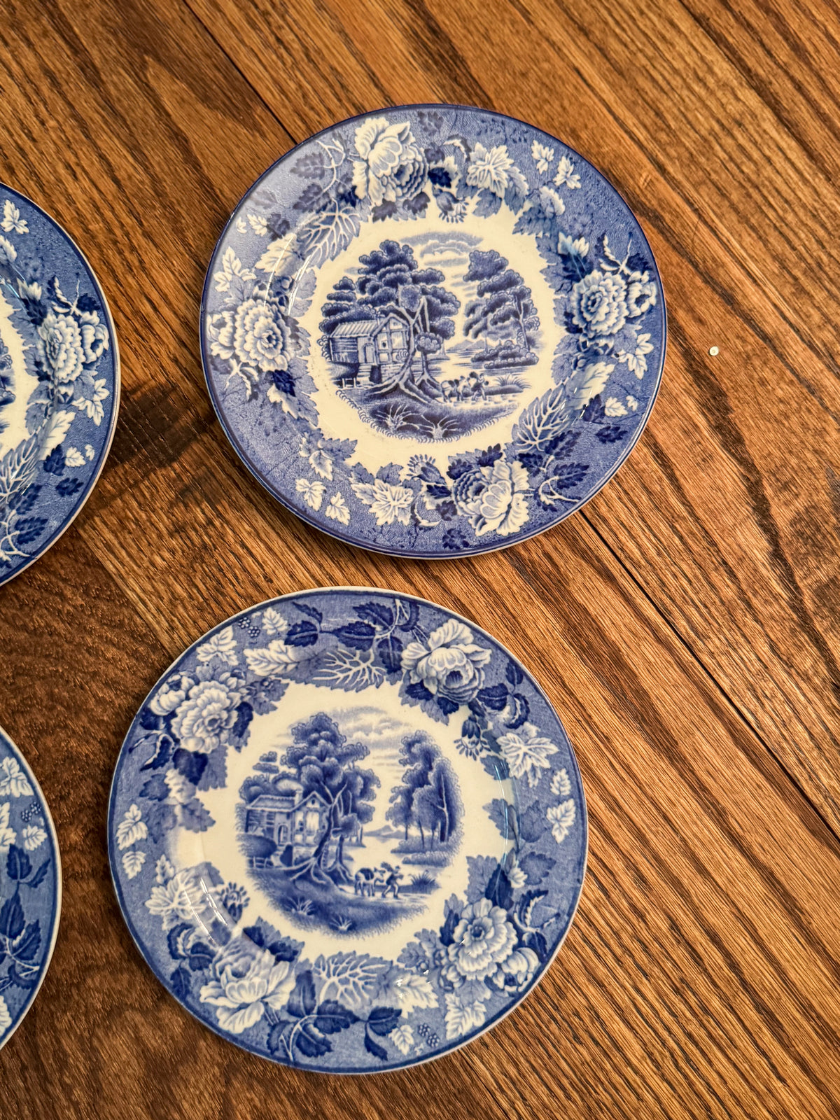 Vintage Woods Ware English Scenery Blue Transferware Saucers | Set of 4