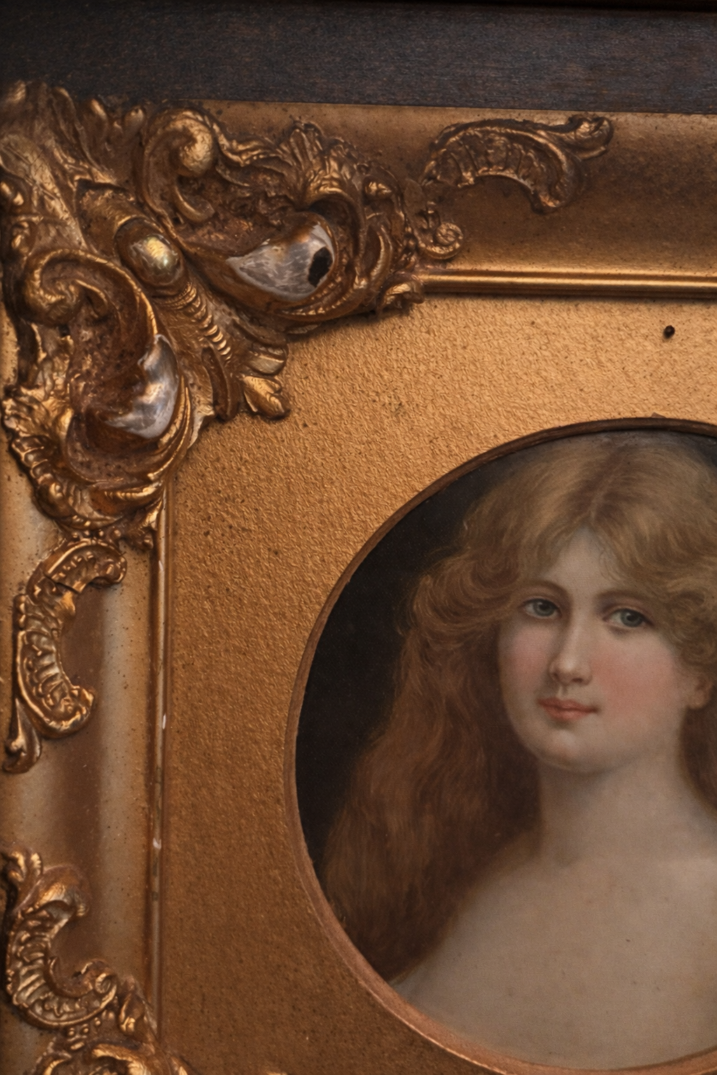 Large Antique Romantic Portrait Plaque in Gilt Shadowbox Frame, Late 19th/Early 20th Century