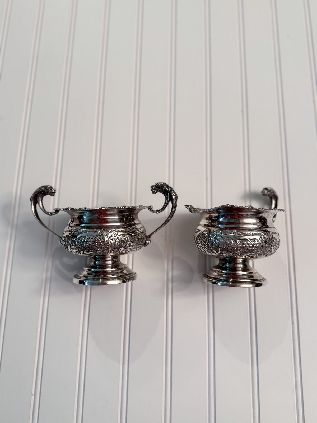 English Old Sheffield Reproduction Silverplate Creamer & Sugar Bowl with Dragon Handles