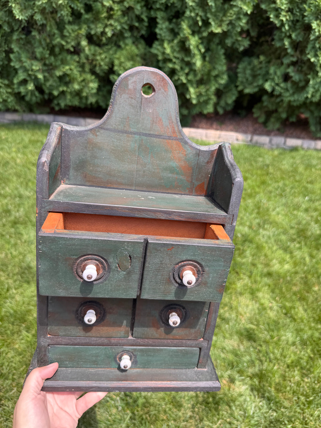 Vintage Primitive Green Wood 3-Drawer Wall Apothecary Chest with Original Porcelain Knobs