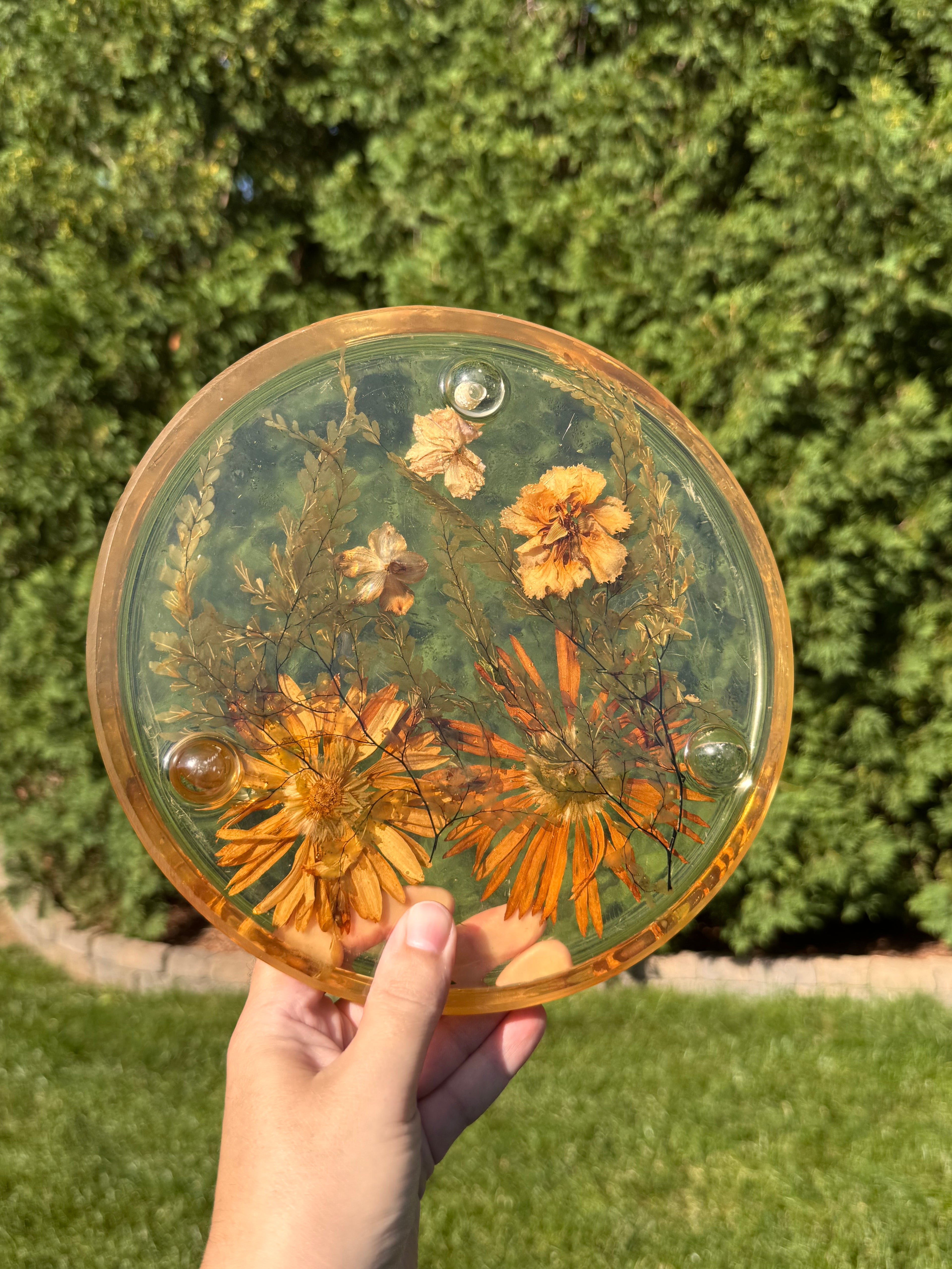 Vintage Pressed Flower Lucite Trivet