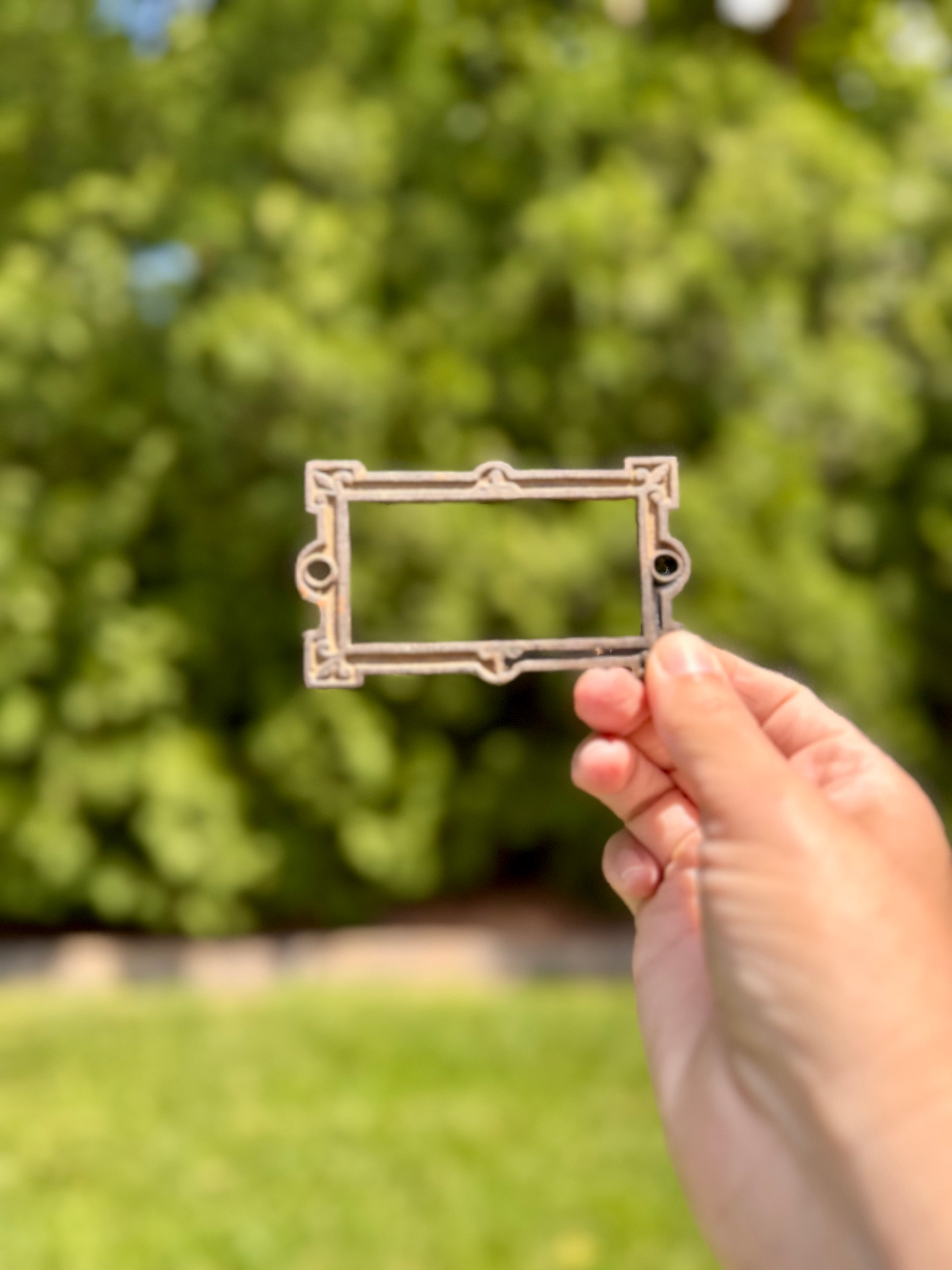 Antique French Brass Label Holder Frame | Openwork Drawer Pull or Card Frame, 4”