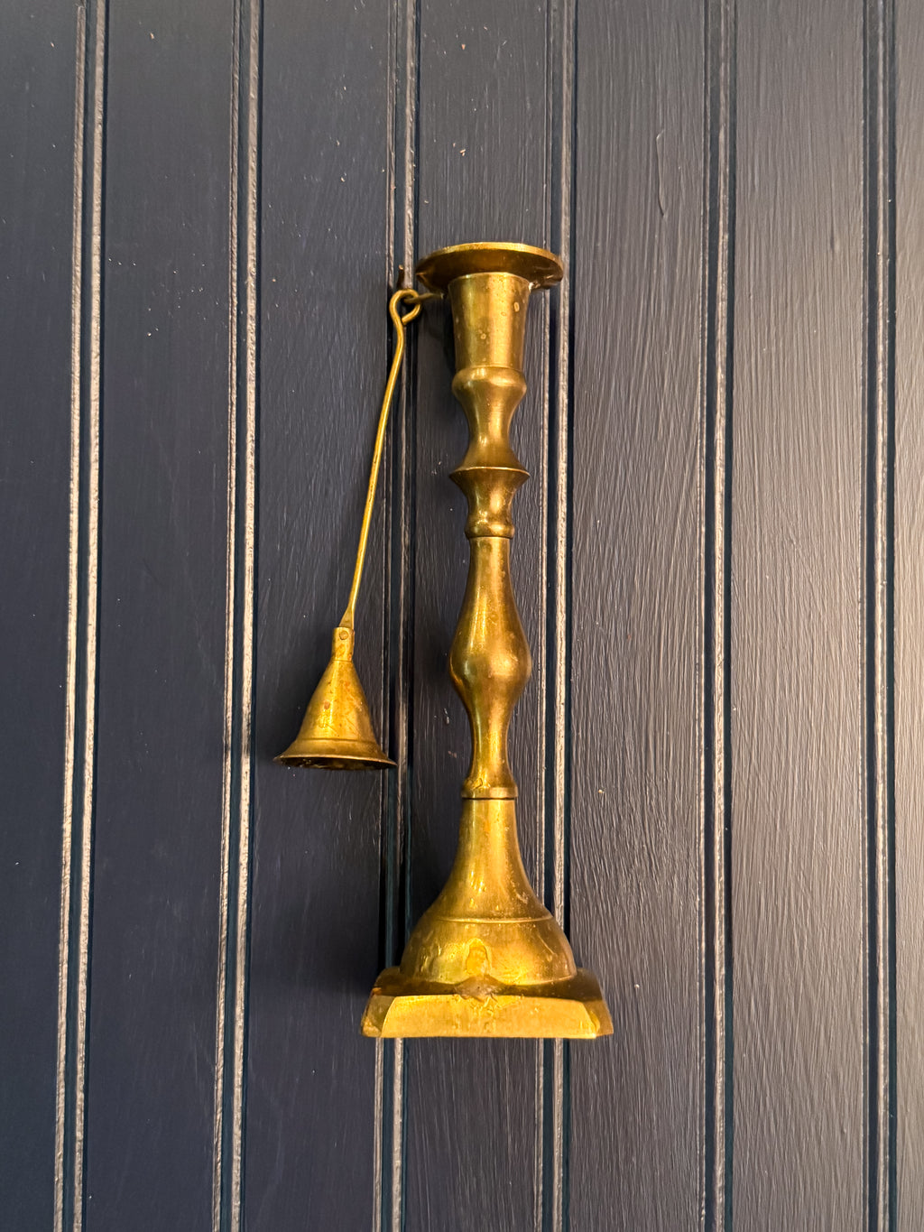 Vintage Brass Colonial Candlestick with Hanging Snuffer | Solid Brass Taper Holder | English Colonial Style
