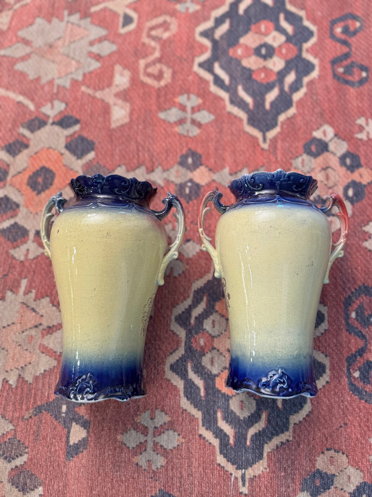 Antique English Cobalt & Gilt Double-Handled Pastoral Vases | Matching Pair