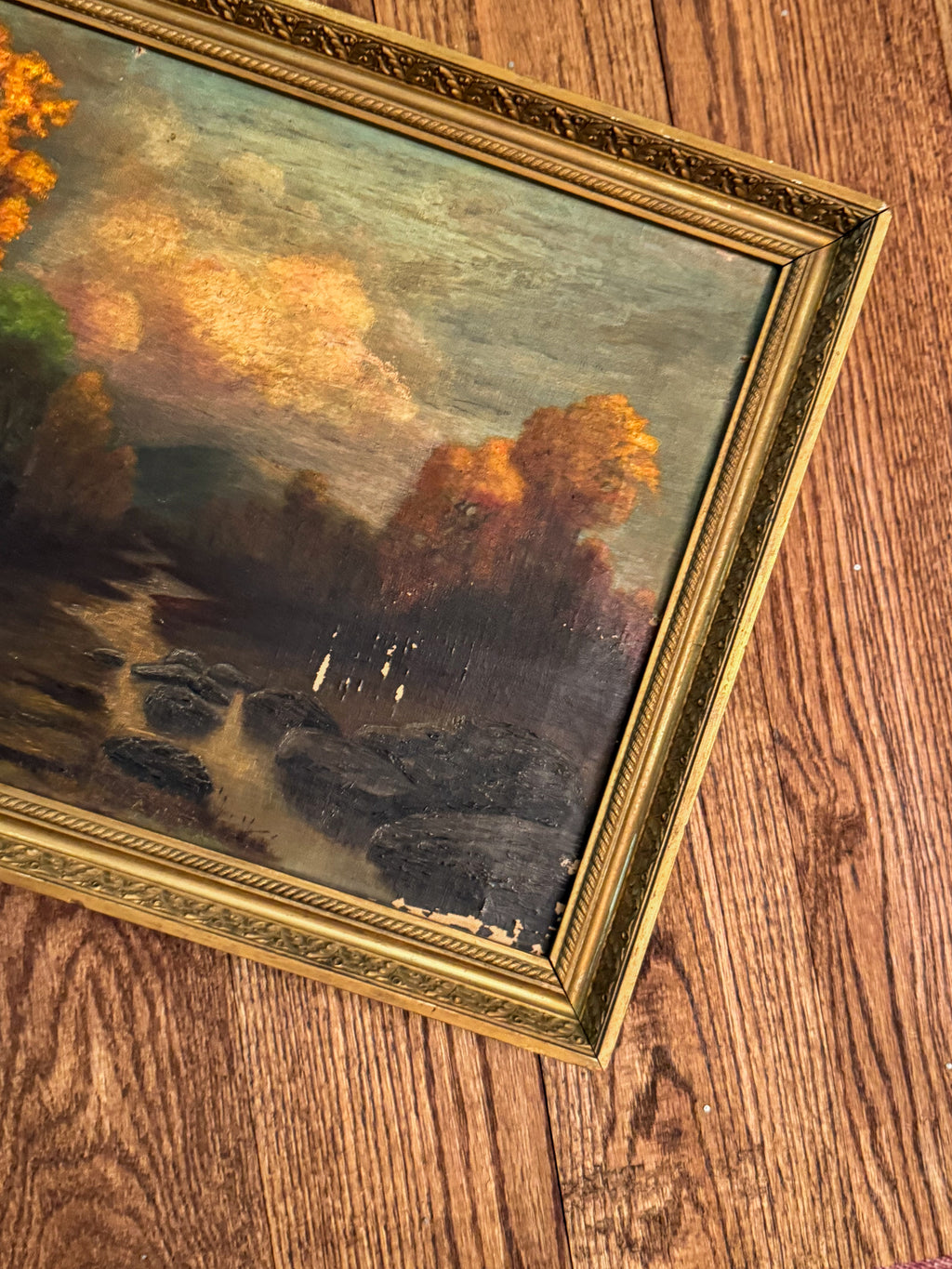 Signed Antique Tonalist Autumn River Landscape Oil Painting by R. Watkins | Original Gilt Frame