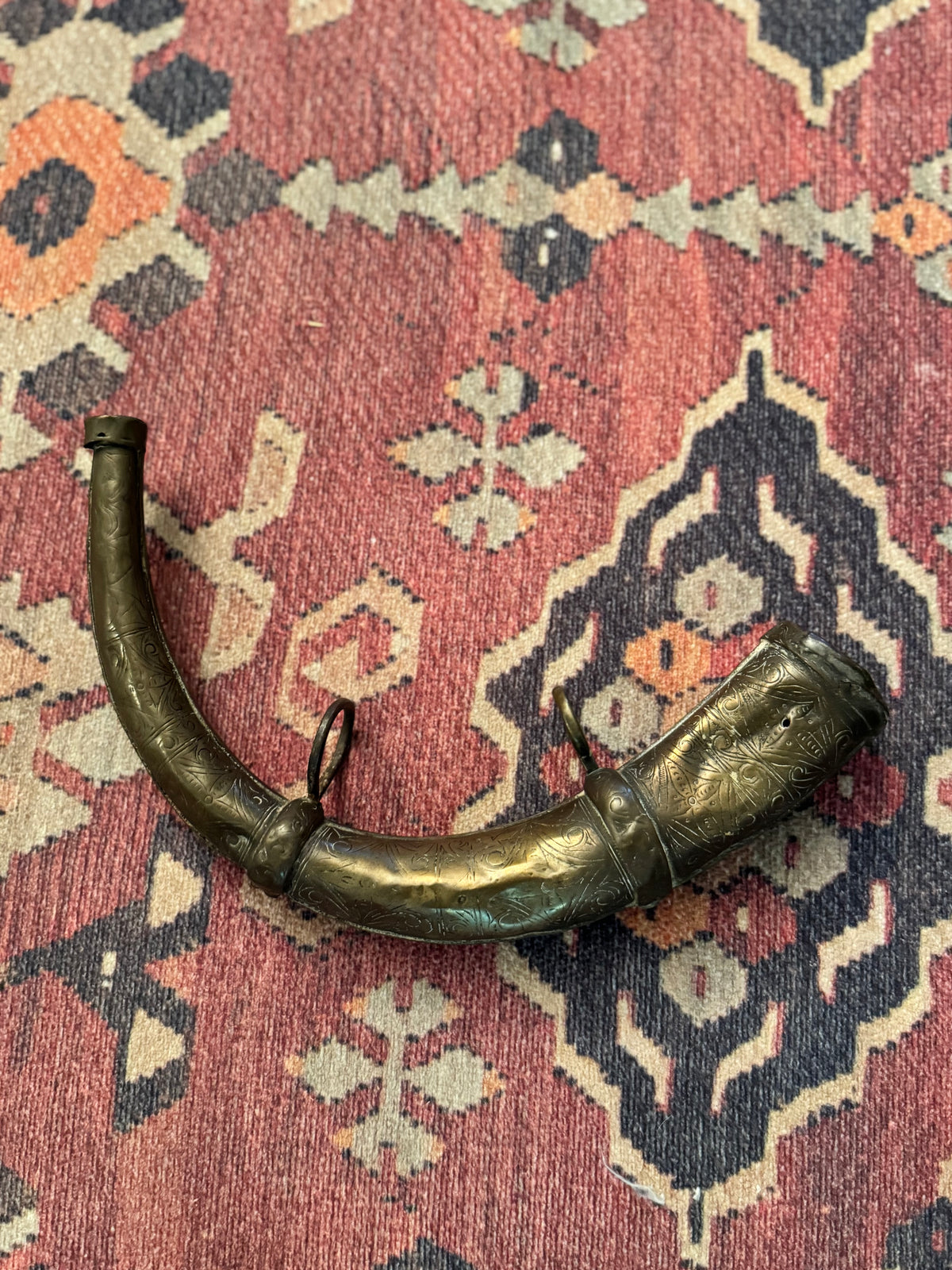 Antique Hand-Engraved Brass Powder Flask / Powder Horn