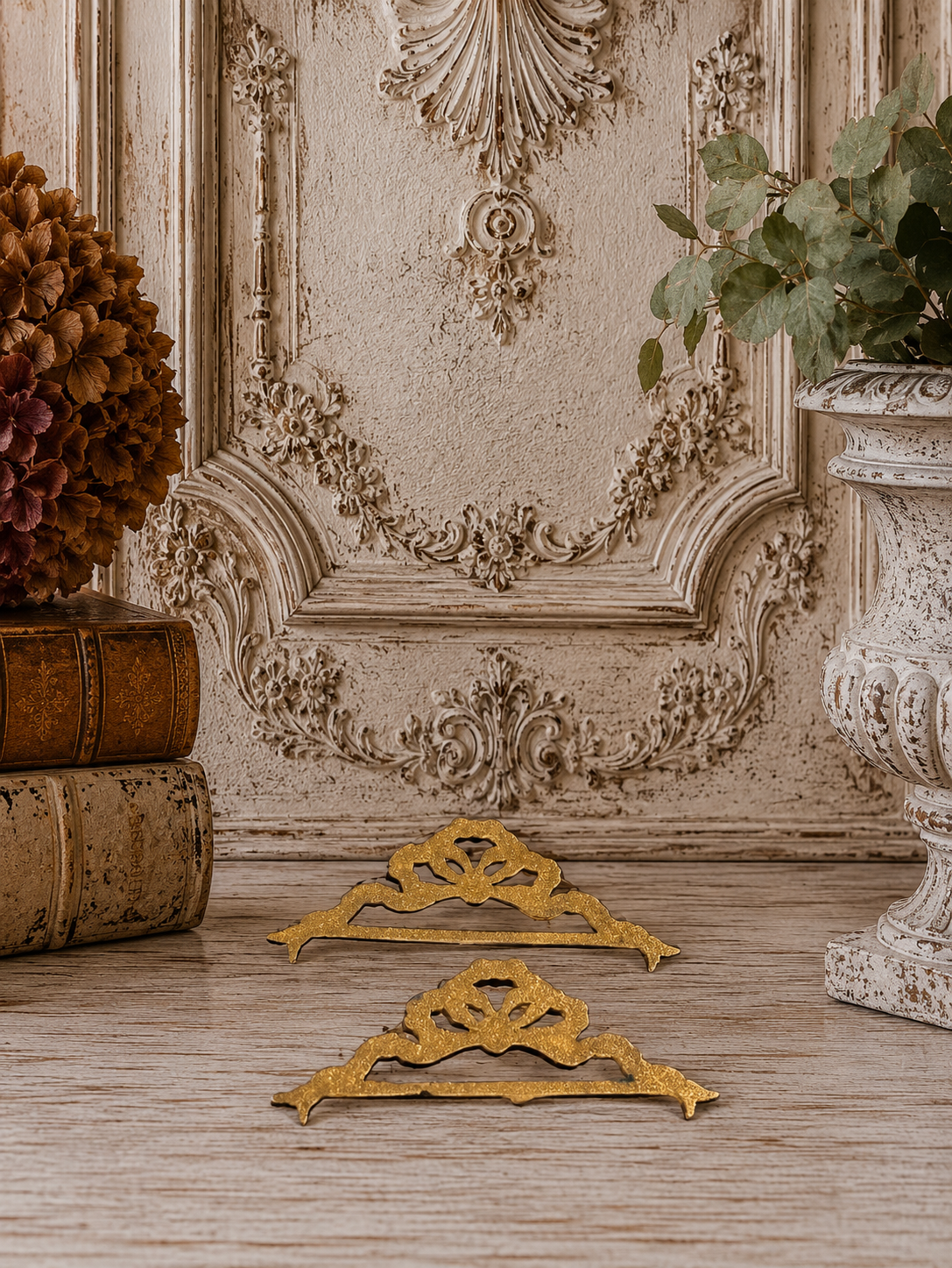 French Brass Bow Ornaments, Pair | Decorative Furniture Mount Fragments