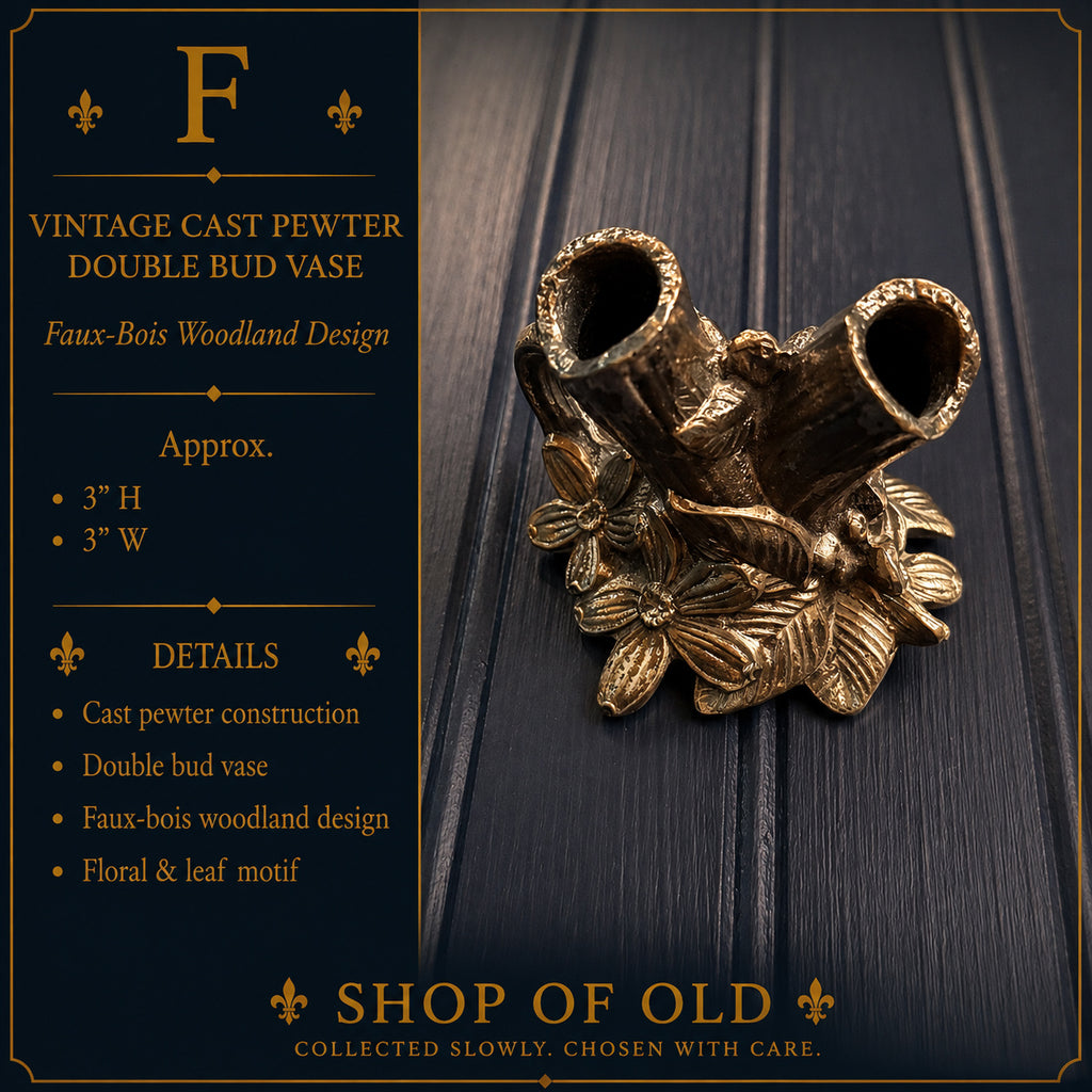 Vintage Cast Pewter Double Bud Vase | Faux-Bois Woodland Design | Miniature Floral Vase