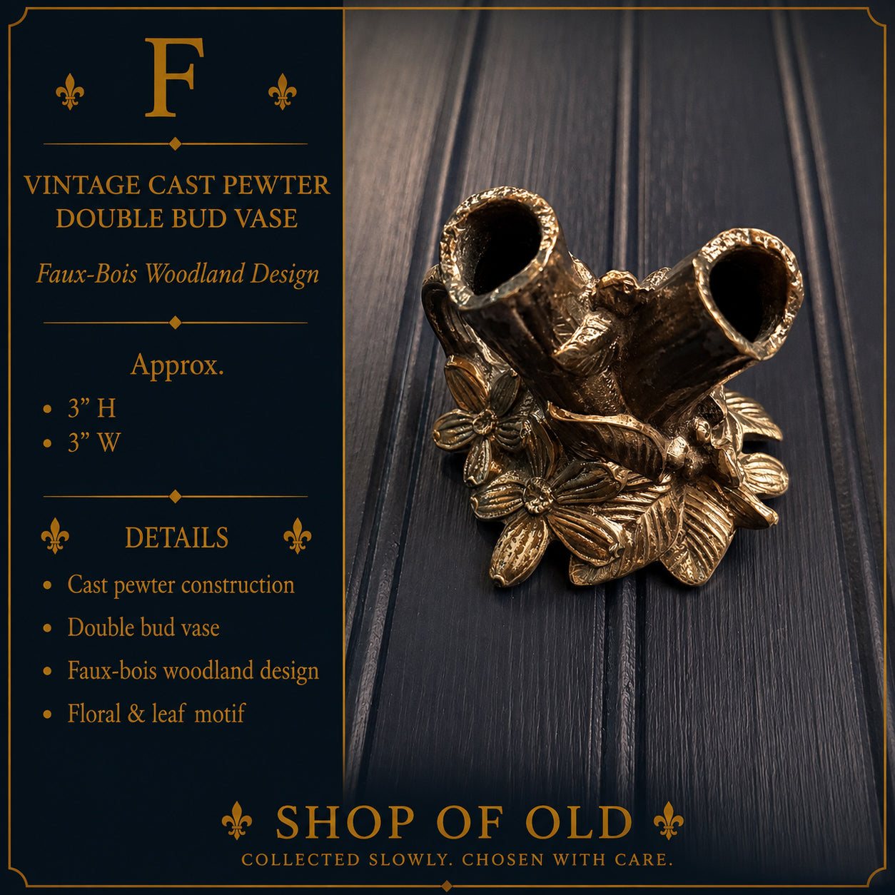 Vintage Cast Pewter Double Bud Vase | Faux-Bois Woodland Design | Miniature Floral Vase