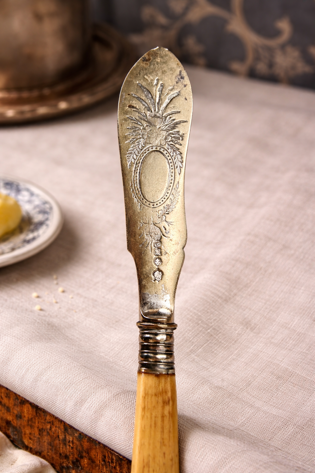 Antique Continental Silverplate Butter Knife with Bone Handle & Hallmarks