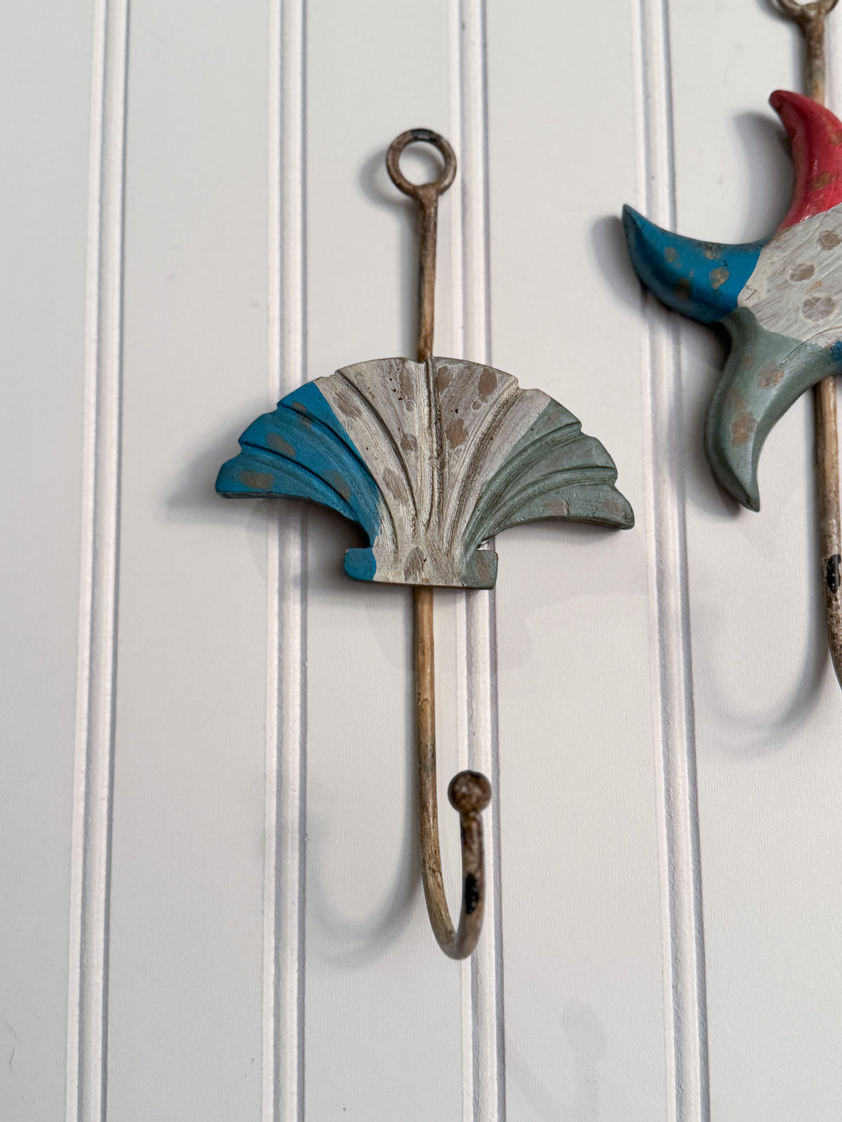 Coastal Wood & Metal Wall Hooks, Set of 3 | Seashell, Starfish & Fish