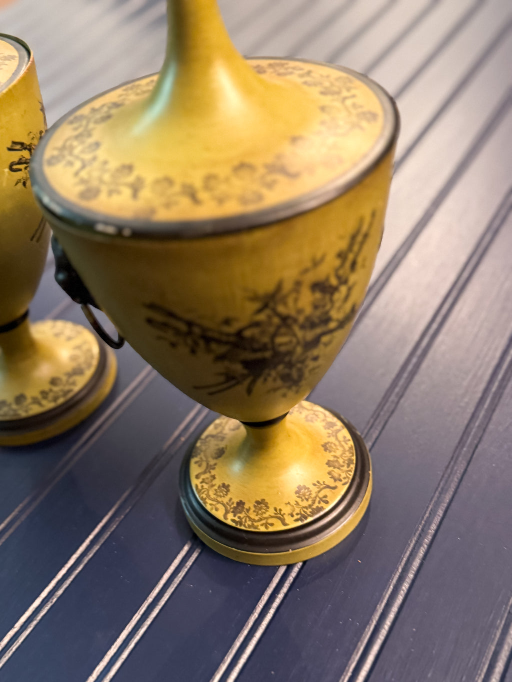 Pair of Vintage Italian Toleware Lidded Urns | Neoclassical Lion Handle Pedestal Urns