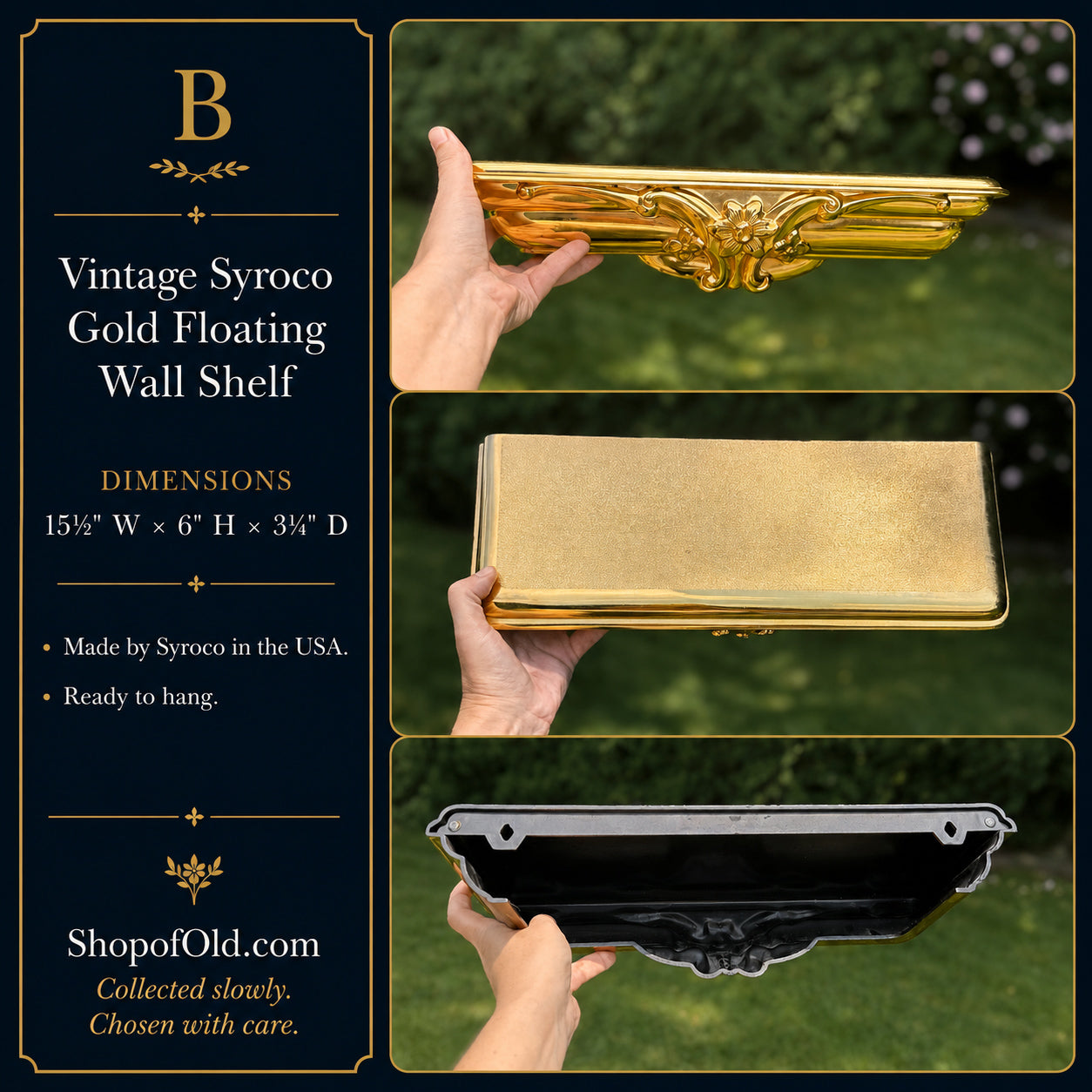 Vintage Syroco Gold Floating Wall Shelf | Mid-Century Hollywood Regency Shelf