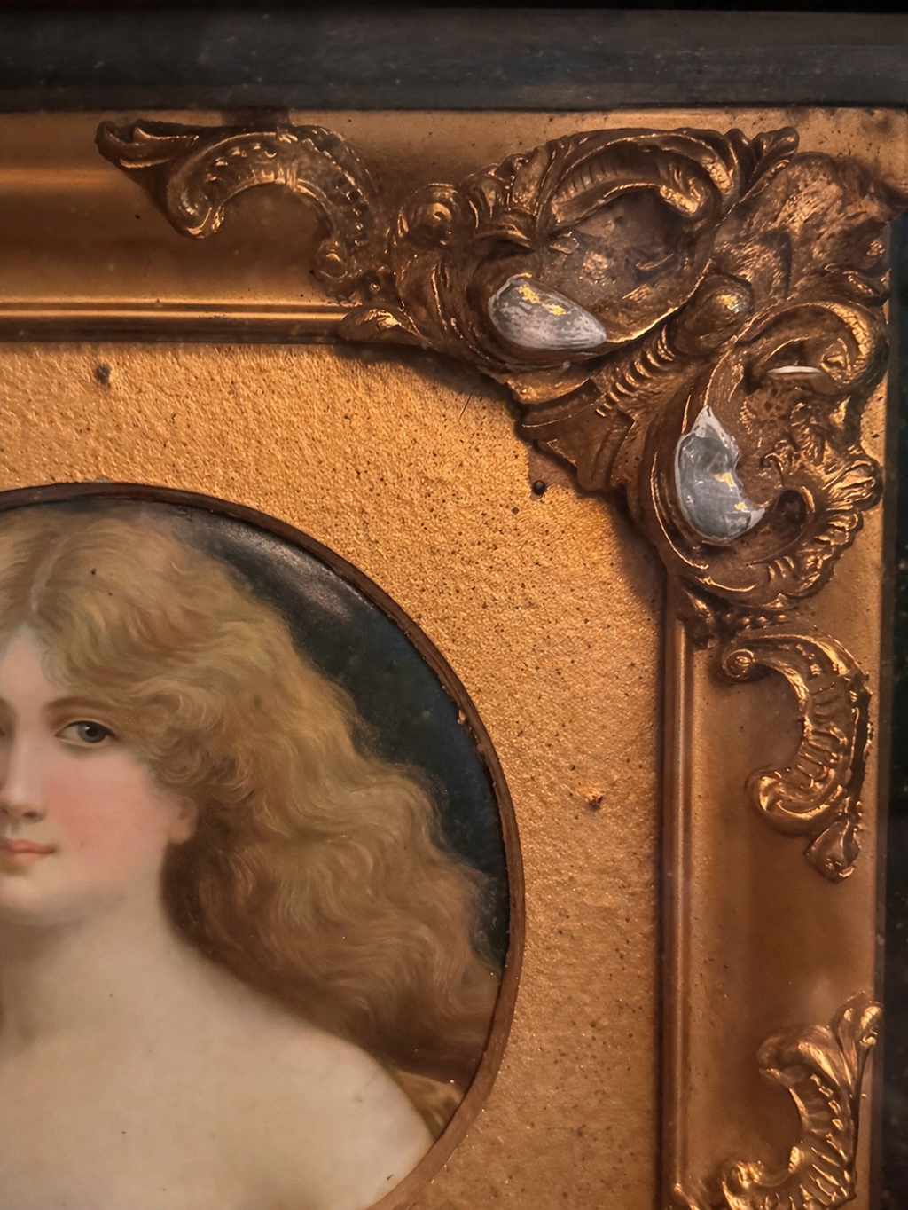 Large Antique Romantic Portrait Plaque in Gilt Shadowbox Frame, Late 19th/Early 20th Century