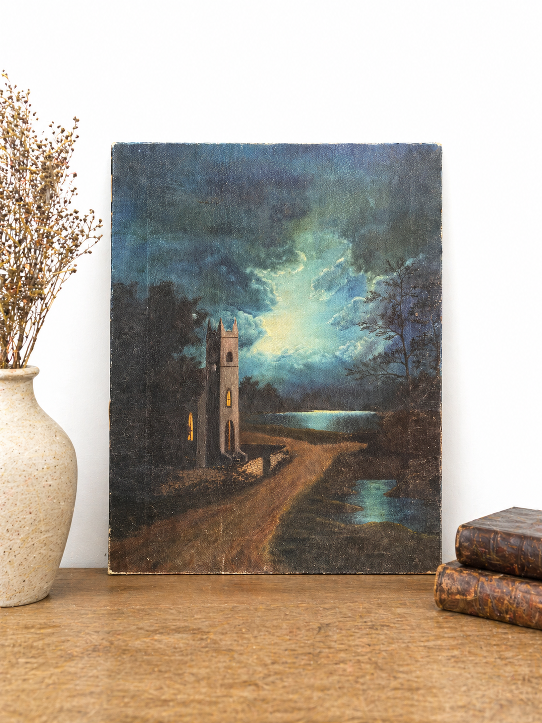 Antique Oil on Canvas Landscape with Chapel — Moody Evening Scene