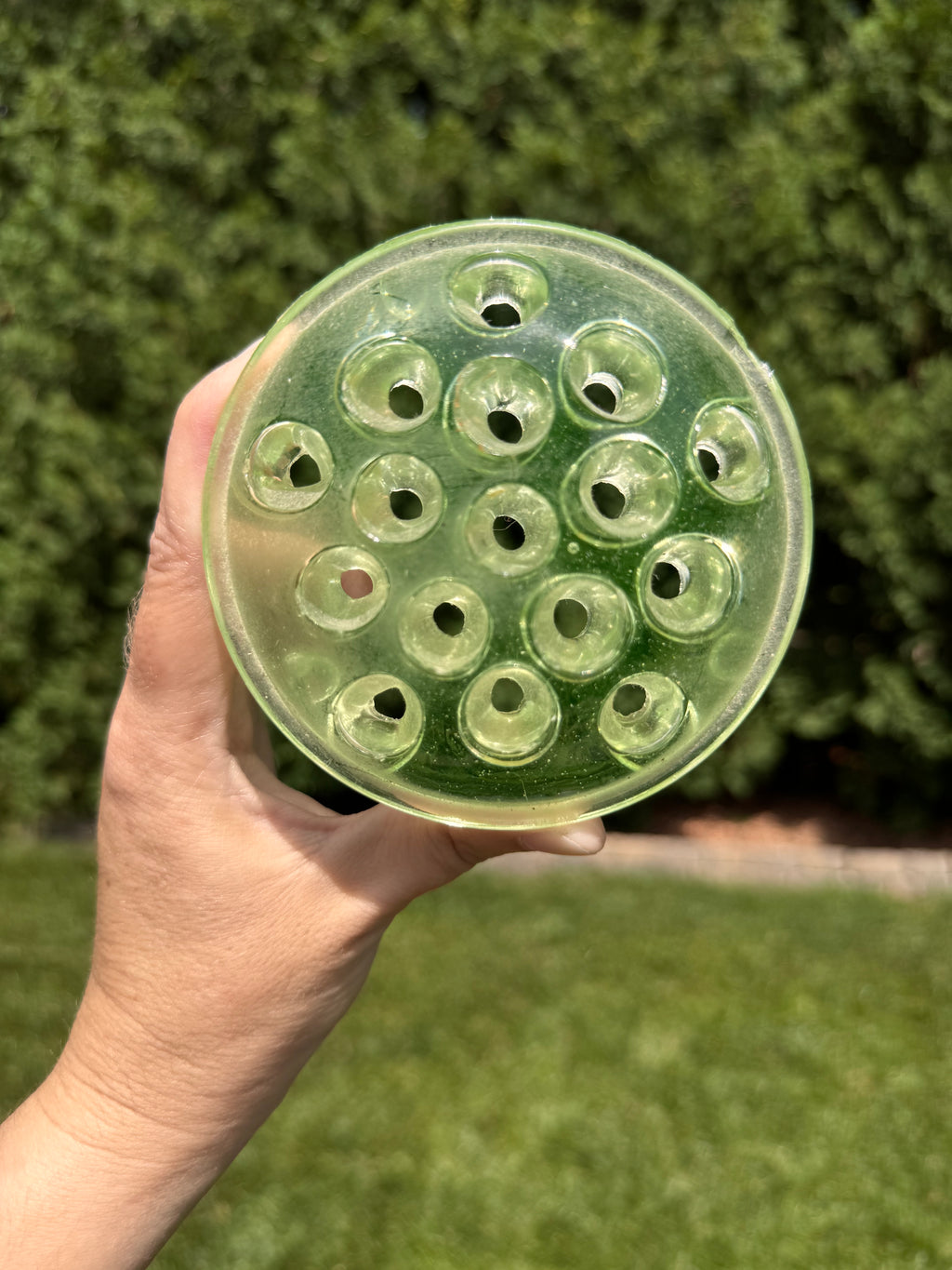 Vintage Green Glass Flower Frog Vase Insert 4” Floral Arranger