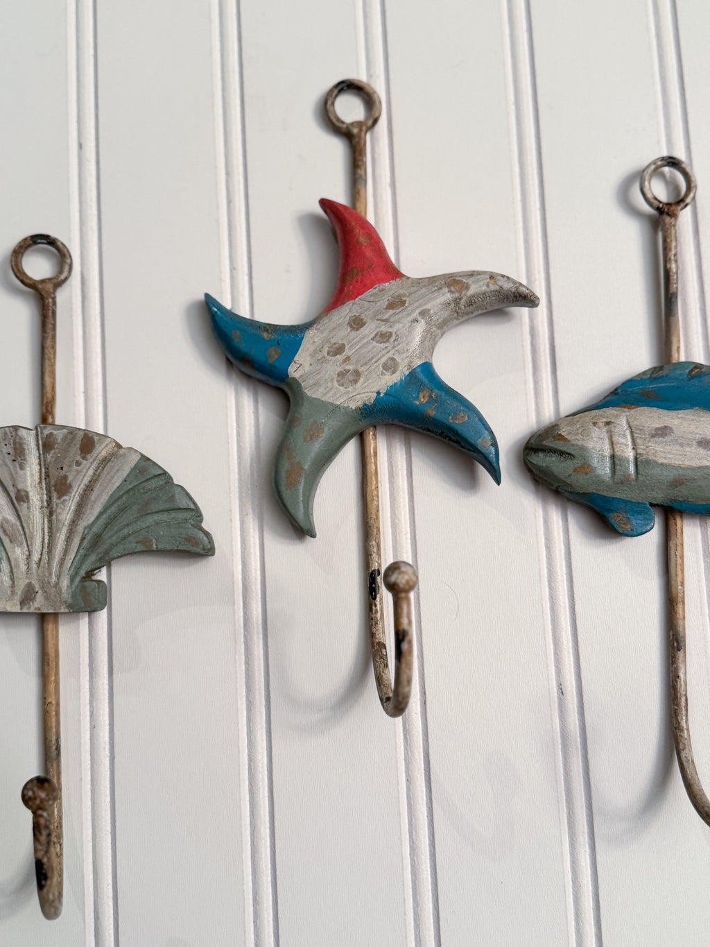 Coastal Wood & Metal Wall Hooks, Set of 3 | Seashell, Starfish & Fish