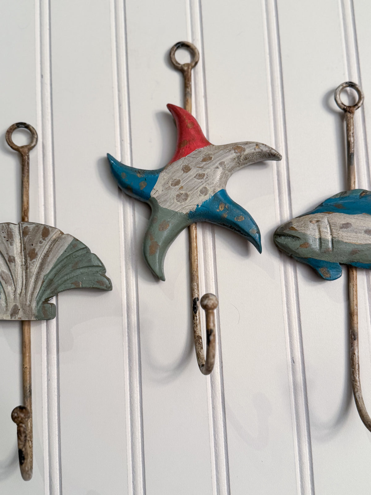 Coastal Wood & Metal Wall Hooks, Set of 3 | Seashell, Starfish & Fish