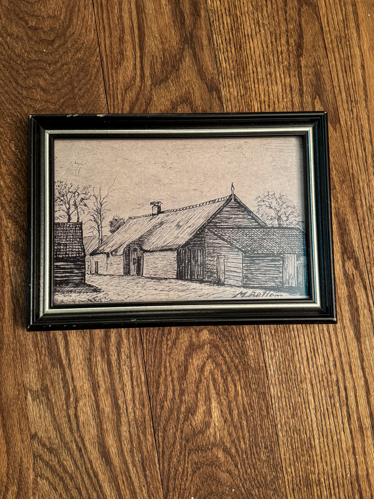 Framed Black & White Farmstead Print | Signed M. Betlom | Rustic Countryside Art