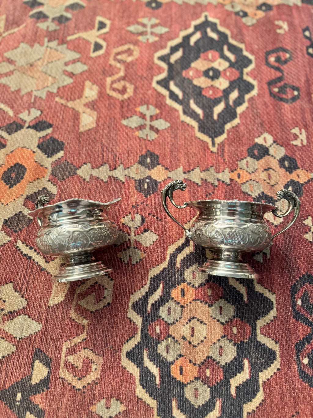 English Old Sheffield Reproduction Silverplate Creamer & Sugar Bowl with Dragon Handles