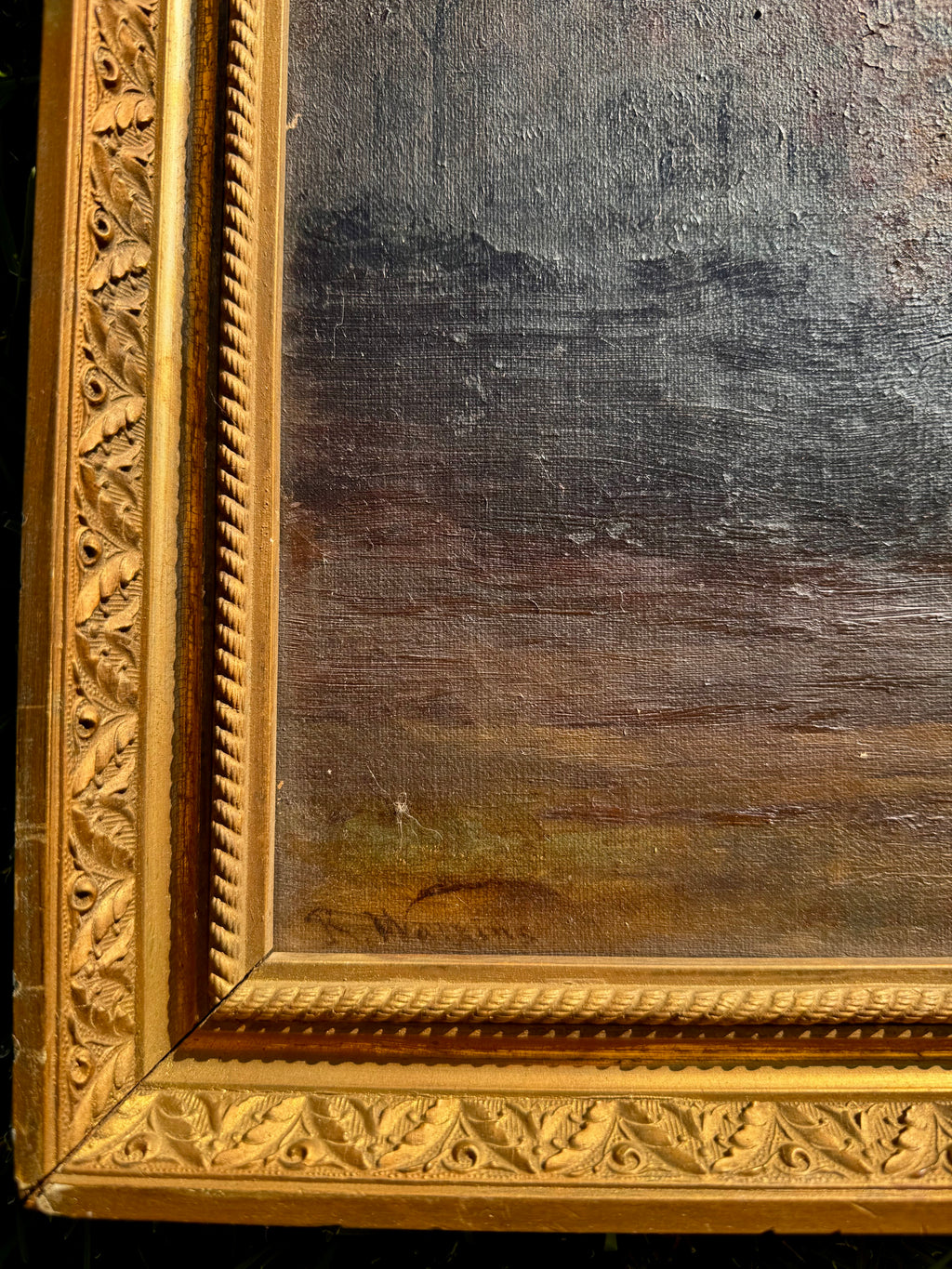 Signed Antique Tonalist Autumn River Landscape Oil Painting by R. Watkins | Original Gilt Frame