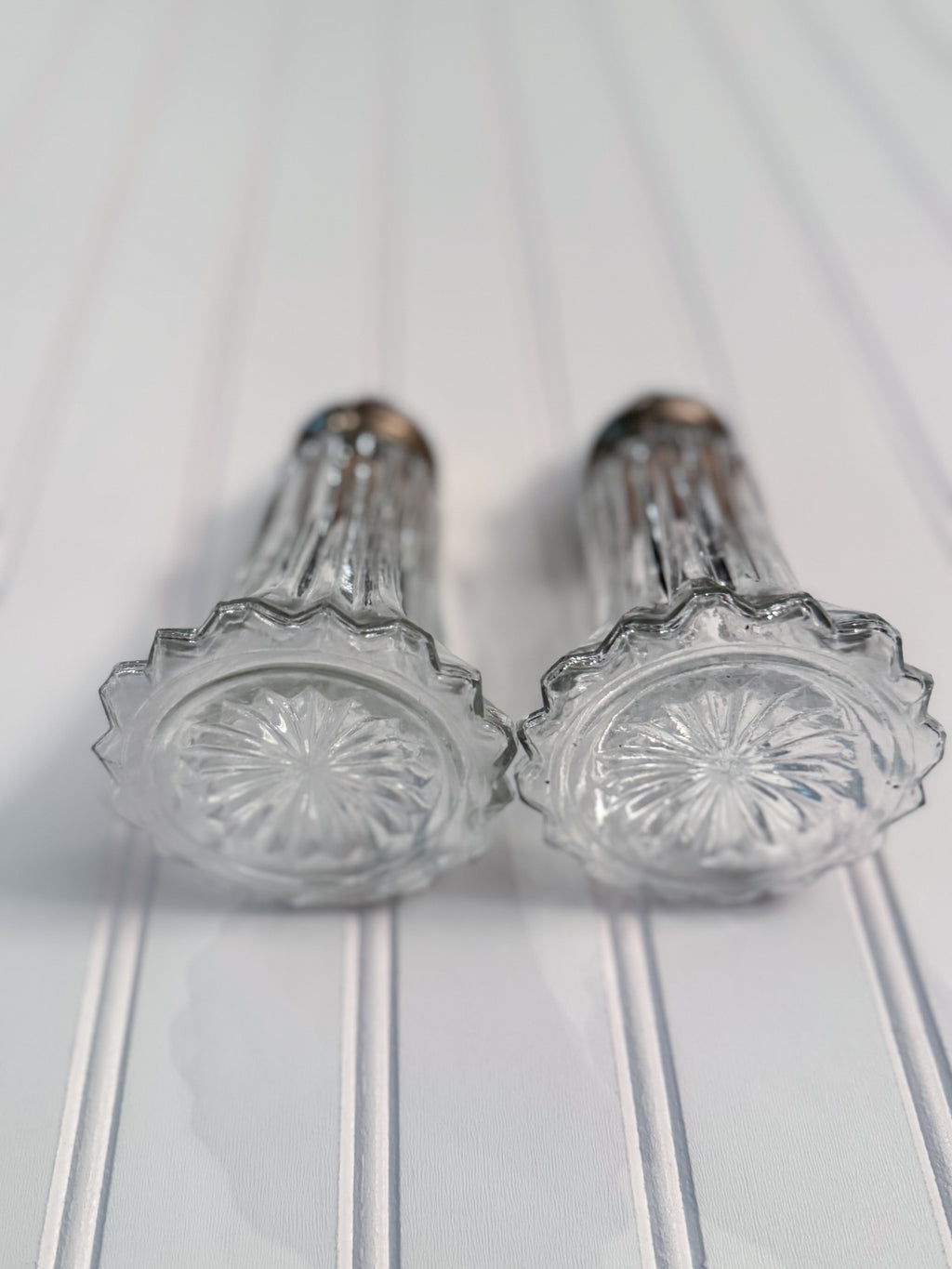 Vintage Fluted Glass Salt & Pepper Shakers with Silver-Tone Tops