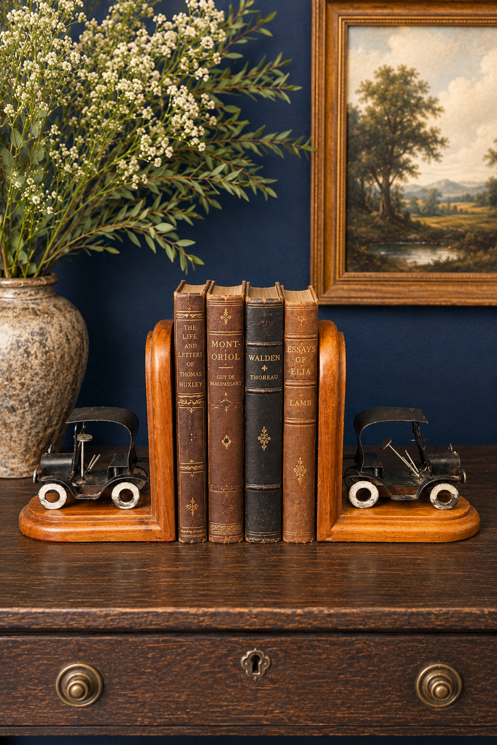Vintage Wooden Bookends with Handcrafted Metal Automobiles
