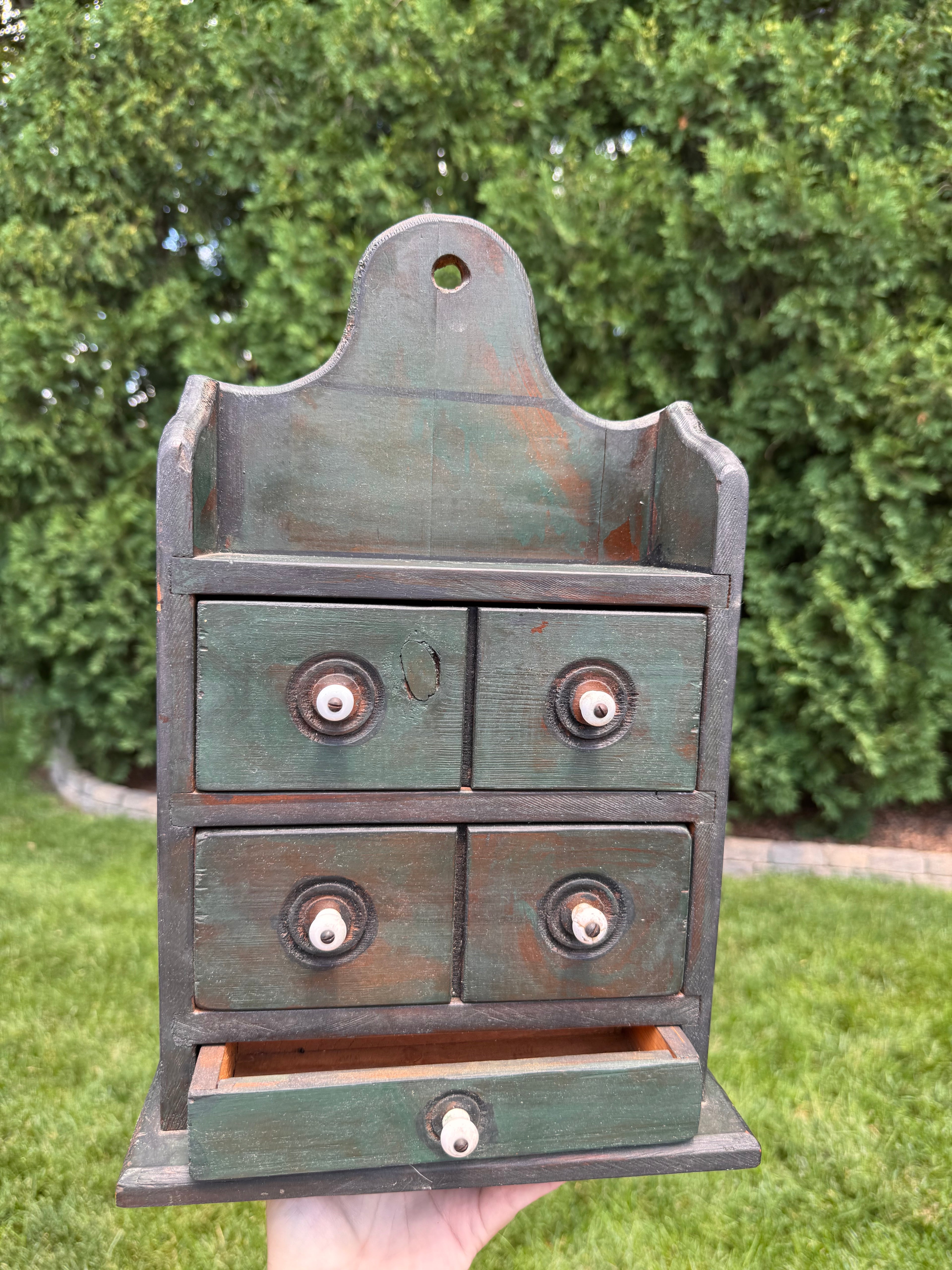 Vintage Primitive Green Wood 3-Drawer Wall Apothecary Chest with Original Porcelain Knobs