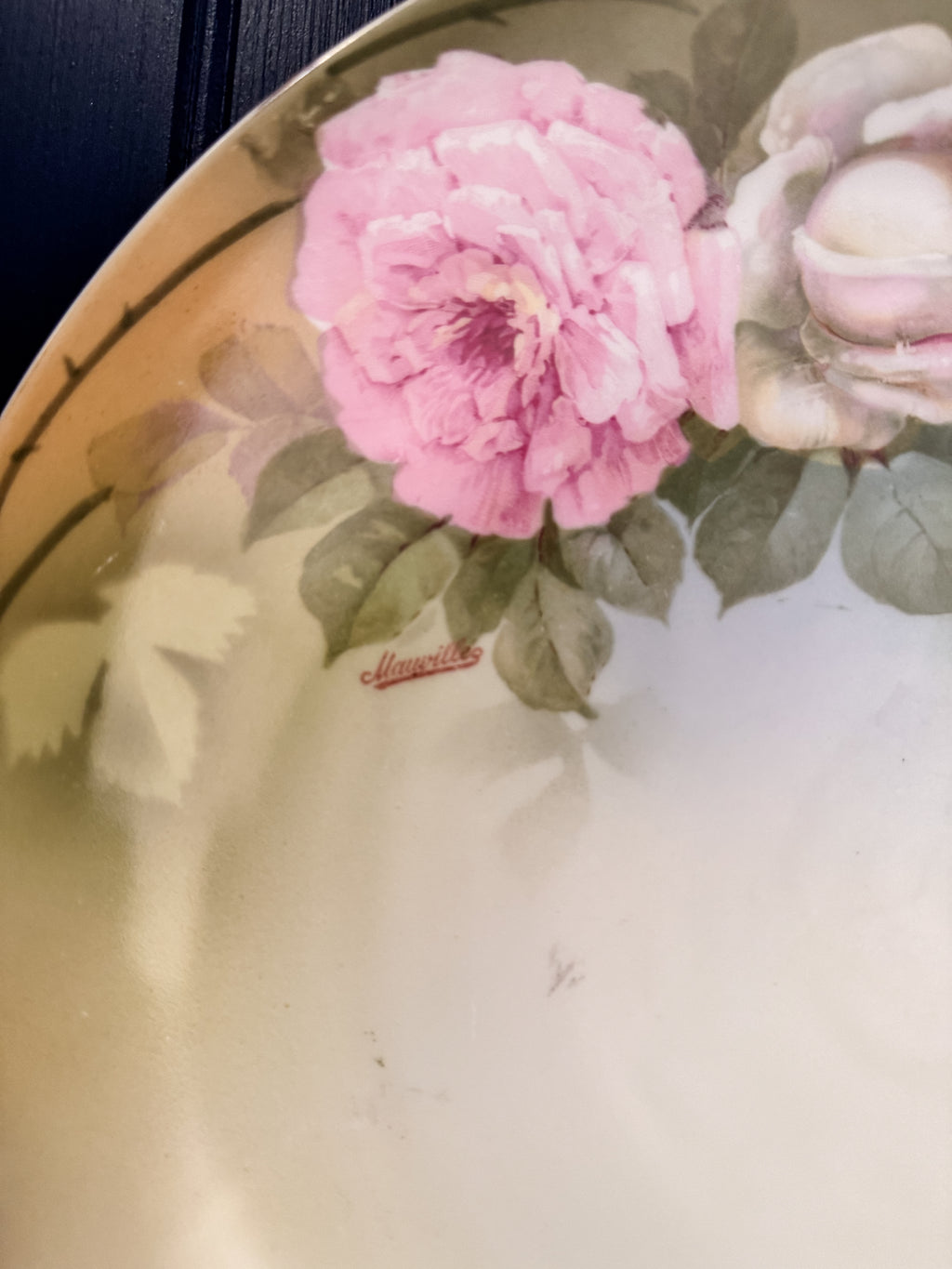 Antique P.S.A.G. Bavaria Maurville Hand-Painted Pink Rose Porcelain Charger | 12”