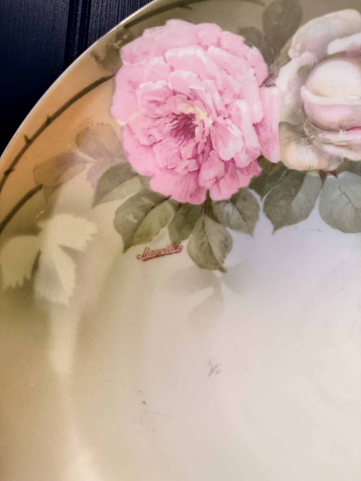 Antique P.S.A.G. Bavaria Maurville Hand-Painted Pink Rose Porcelain Charger | 12”