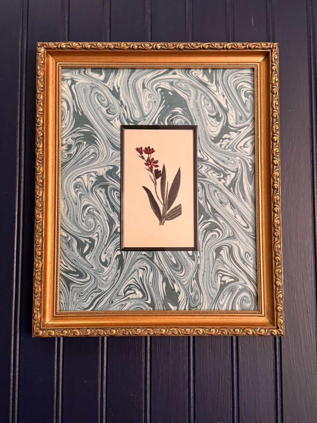 Set of Four Vintage Matted Botanical Bookplate Prints | Professionally Framed Botanical Wall Art | Gold-Gilded Frames