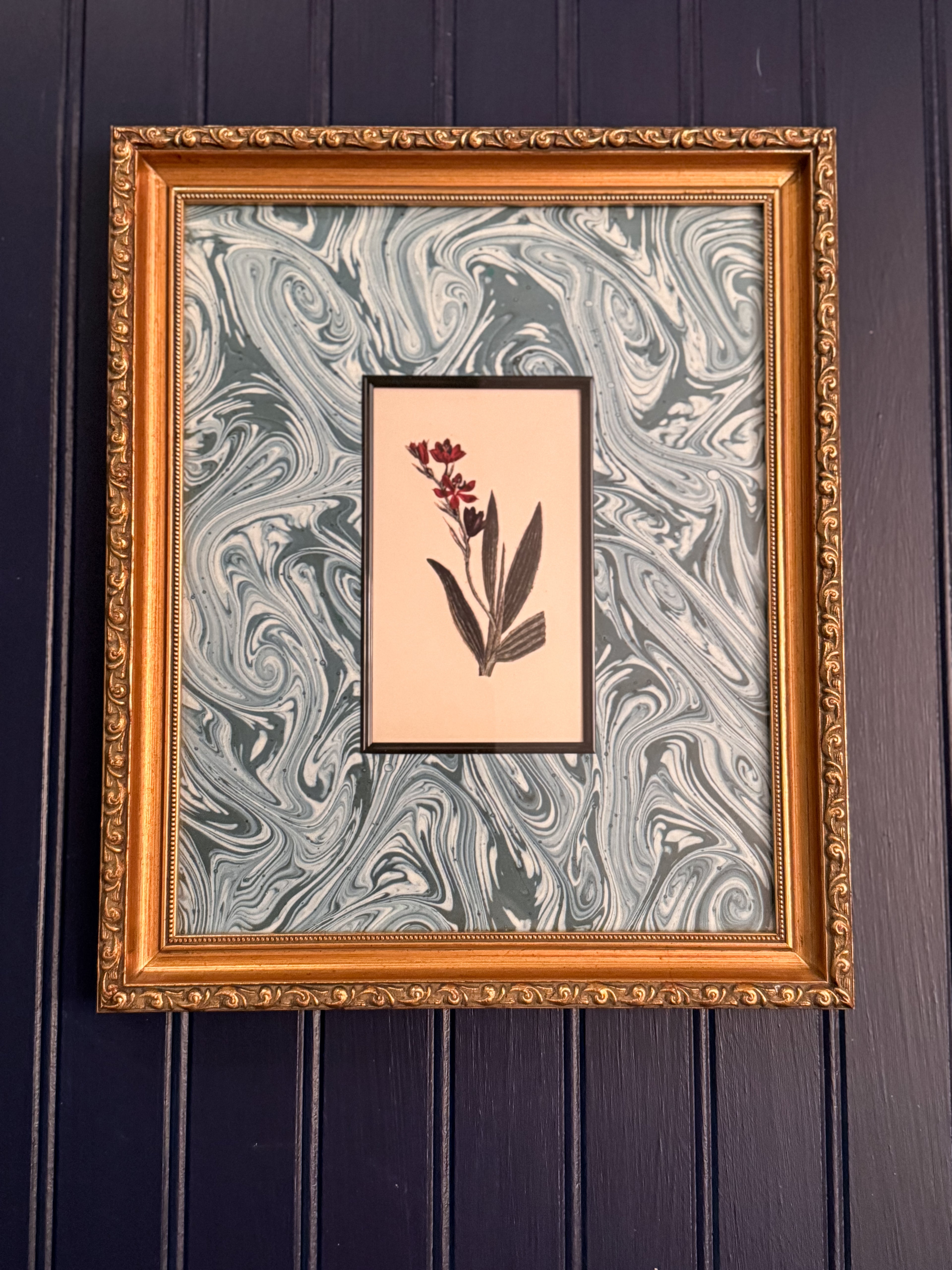 Set of Four Vintage Matted Botanical Bookplate Prints | Professionally Framed Botanical Wall Art | Gold-Gilded Frames