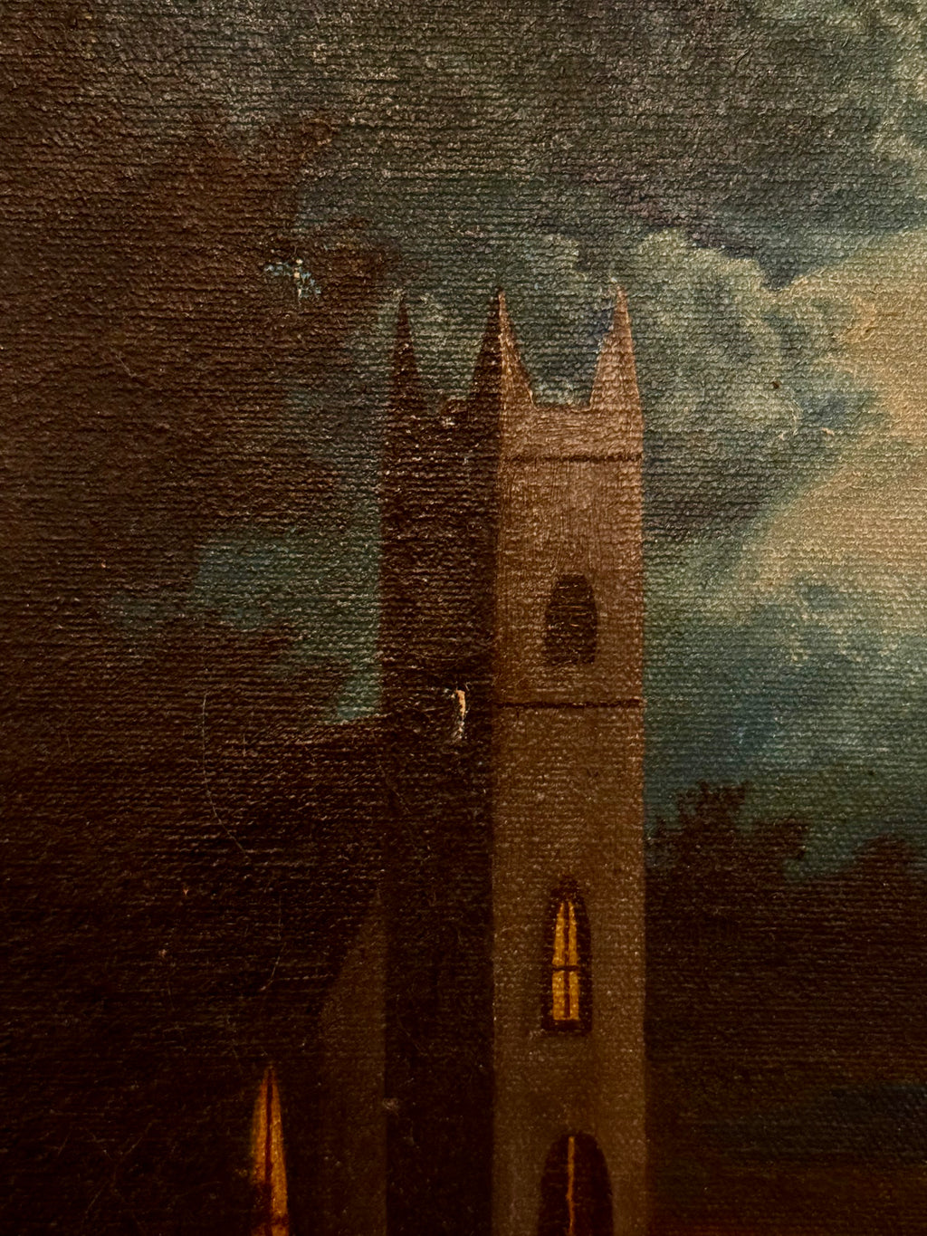 Antique Oil on Canvas Landscape with Chapel — Moody Evening Scene