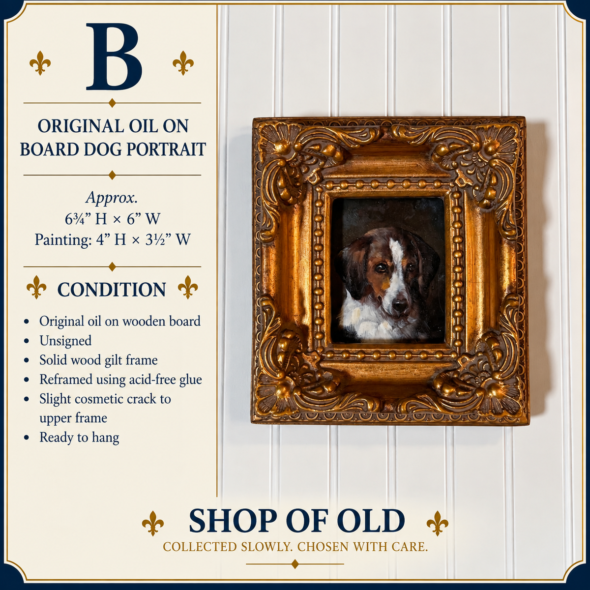 Original Oil on Board Dog Portrait in Ornate Gilt Wood Frame | Framed Hound Painting