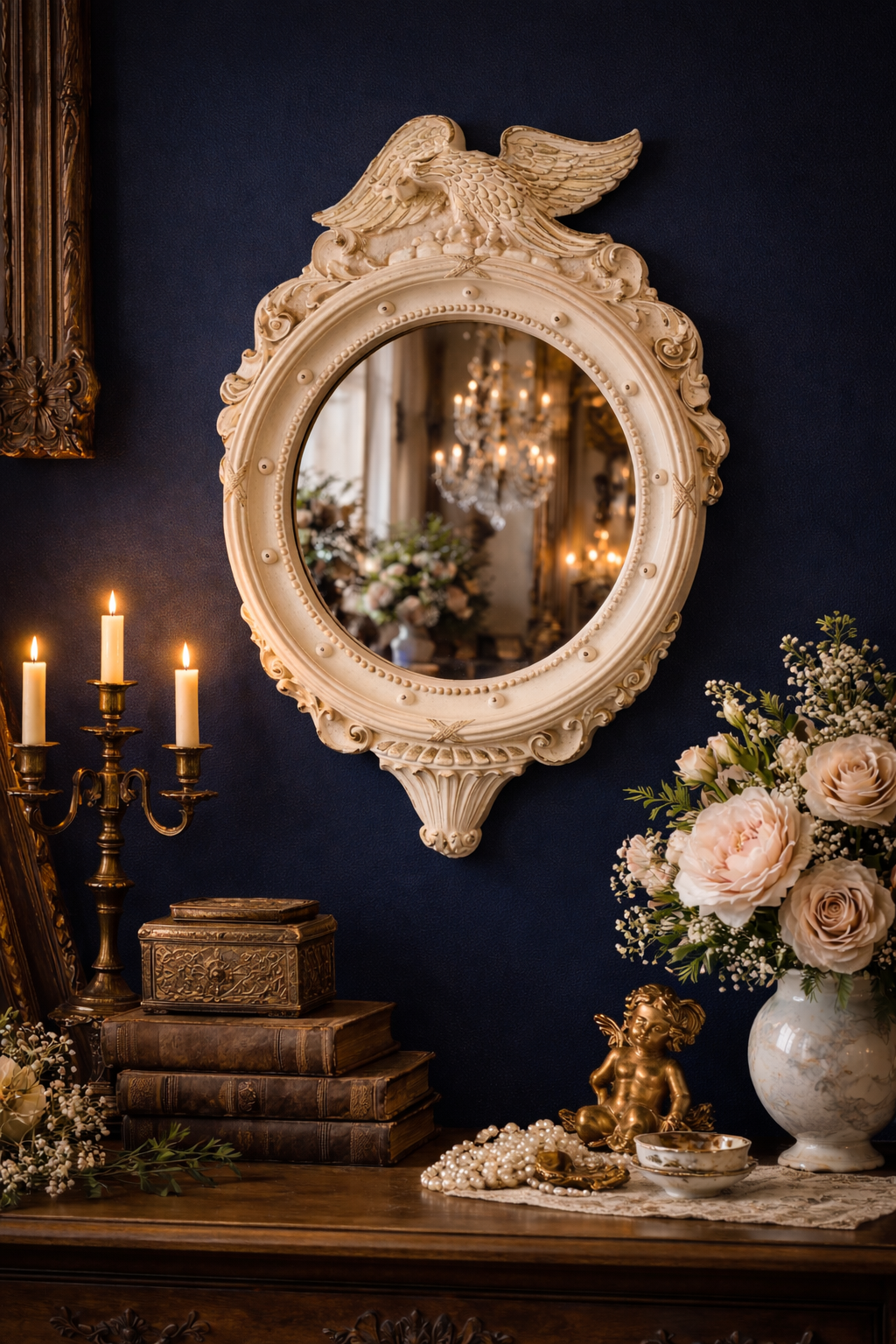 Antique Style Eagle Crest Plaster Wall Mirror