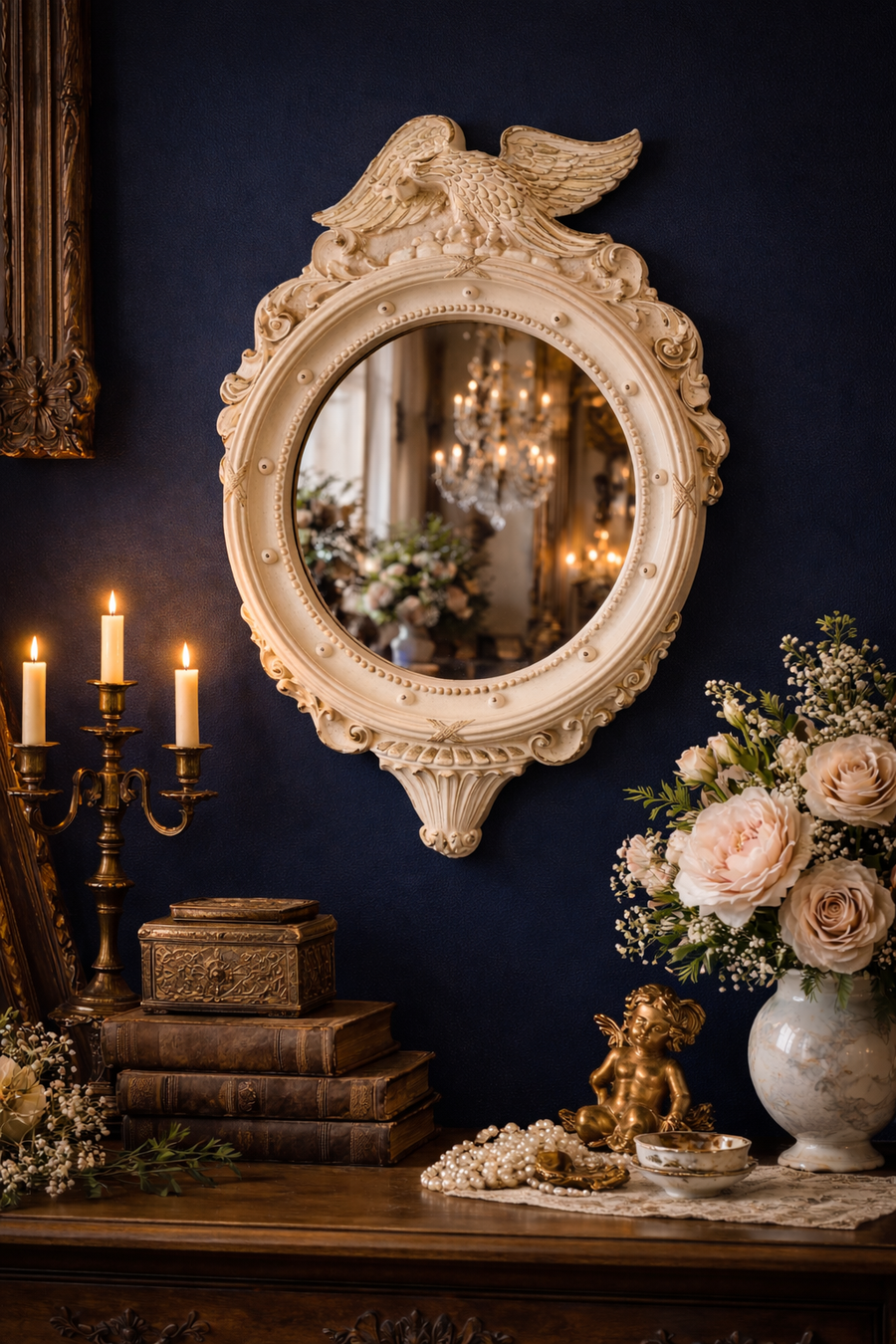 Antique Style Eagle Crest Plaster Wall Mirror