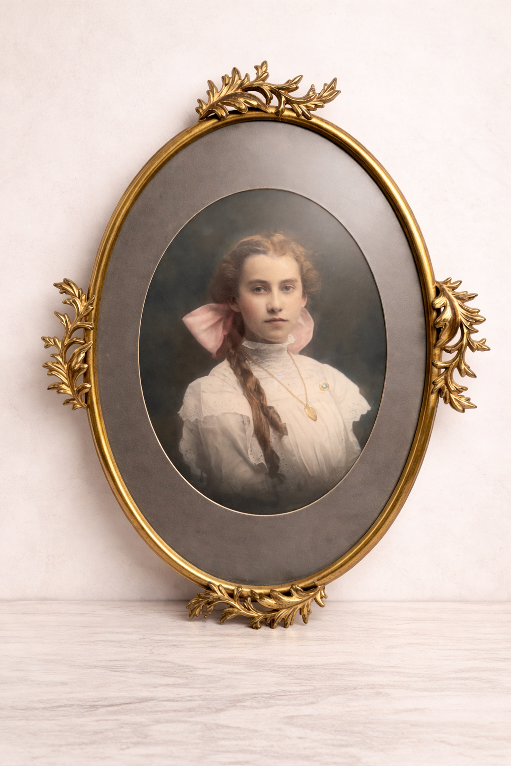 Hand-Colored Antique Portrait in Gilded Metal Oval Frame, 23”