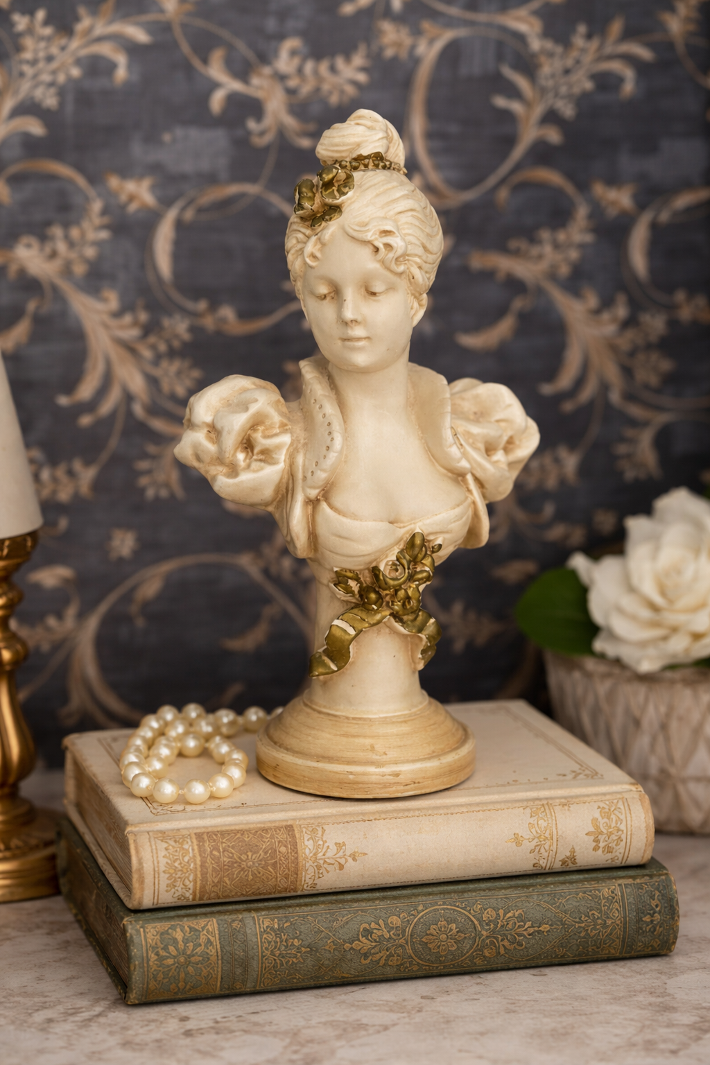 Victorian Revival Ivory Bust with Gilt Accents | Estate Found Chalkware Figure